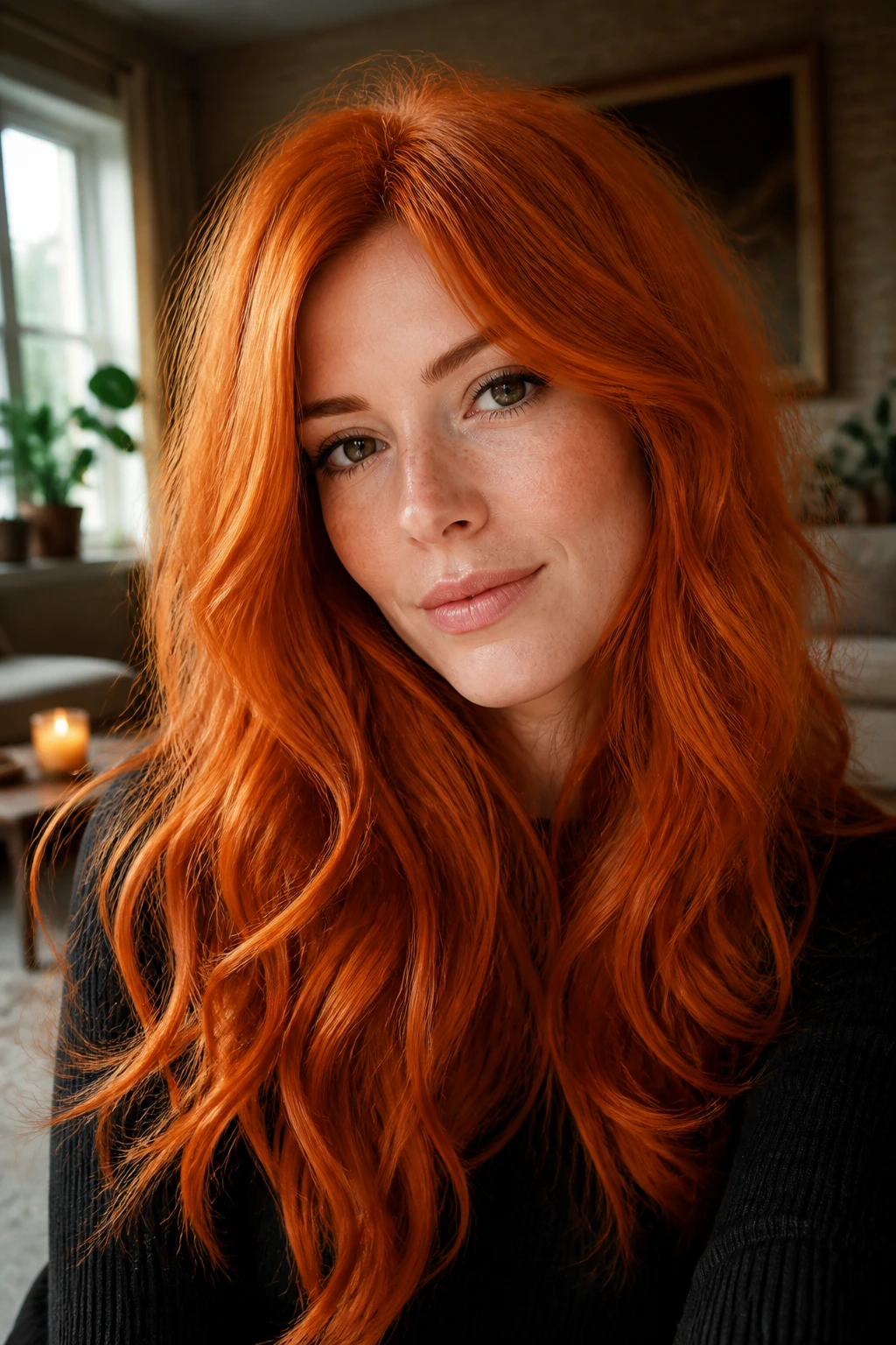 Close-up portrait of a real woman with vibrant orange hair, showcasing warmth and texture with root shadow.