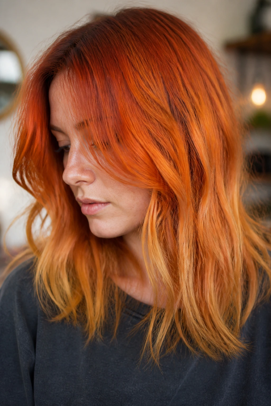 Close-up of orange hair with muddy ends on a real person