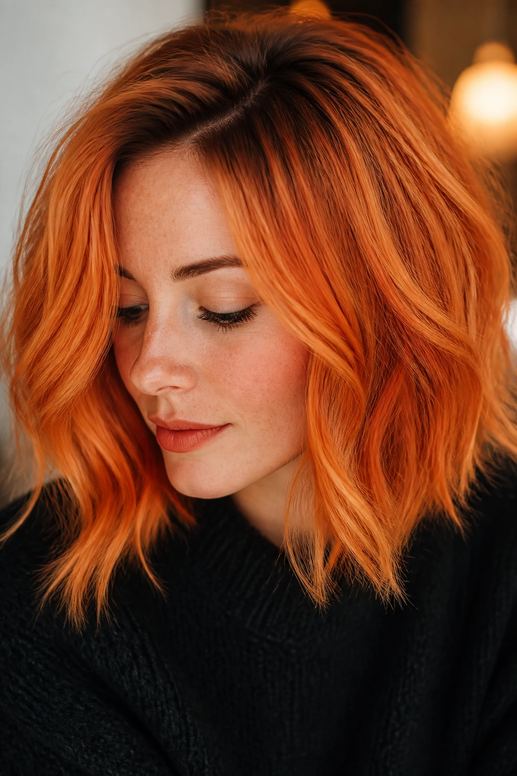 Close-up of real woman with orange hair and visible root depth