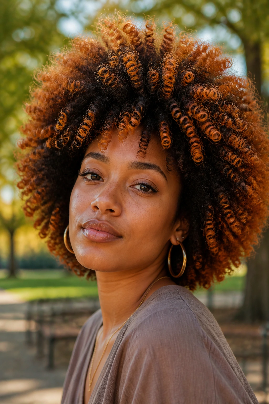 Close-up of a real woman with a sunburst curly afro and orange highlights