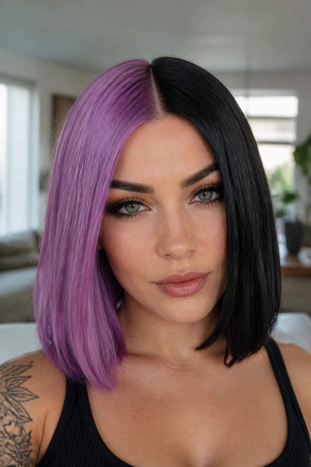 Close-up portrait of a woman with orchid and black split dye hair in a blunt bob
