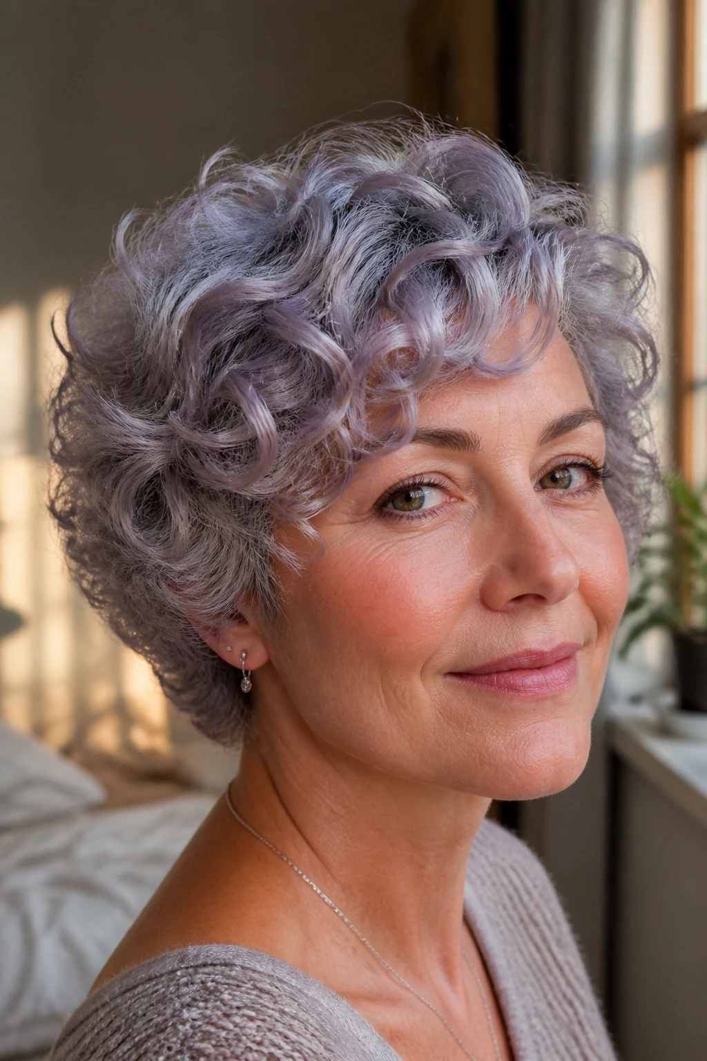 Close-up of a real person with orchid gray short curly hair.