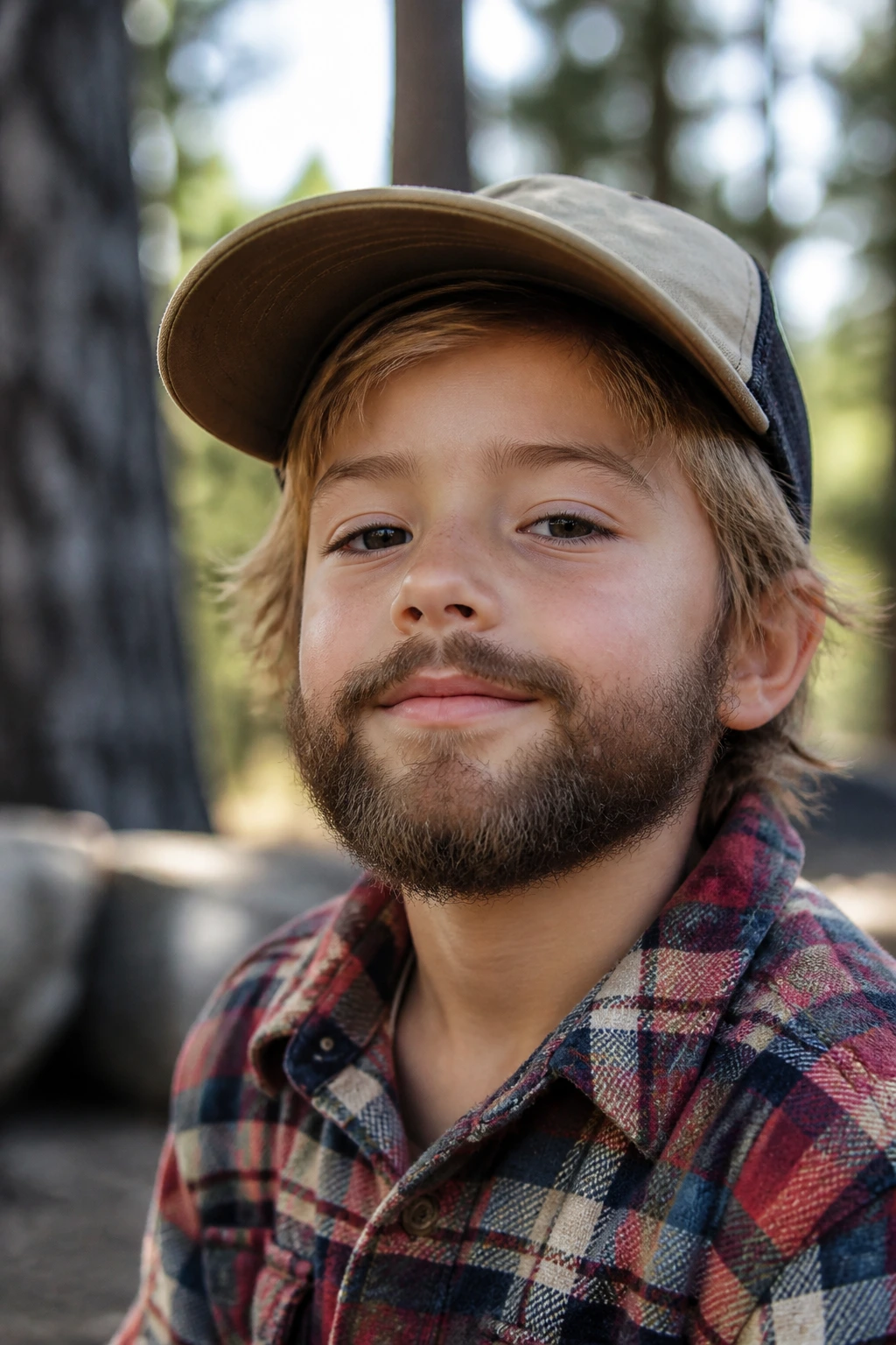Close-up portrait of a child with an outdoorsy camper beard