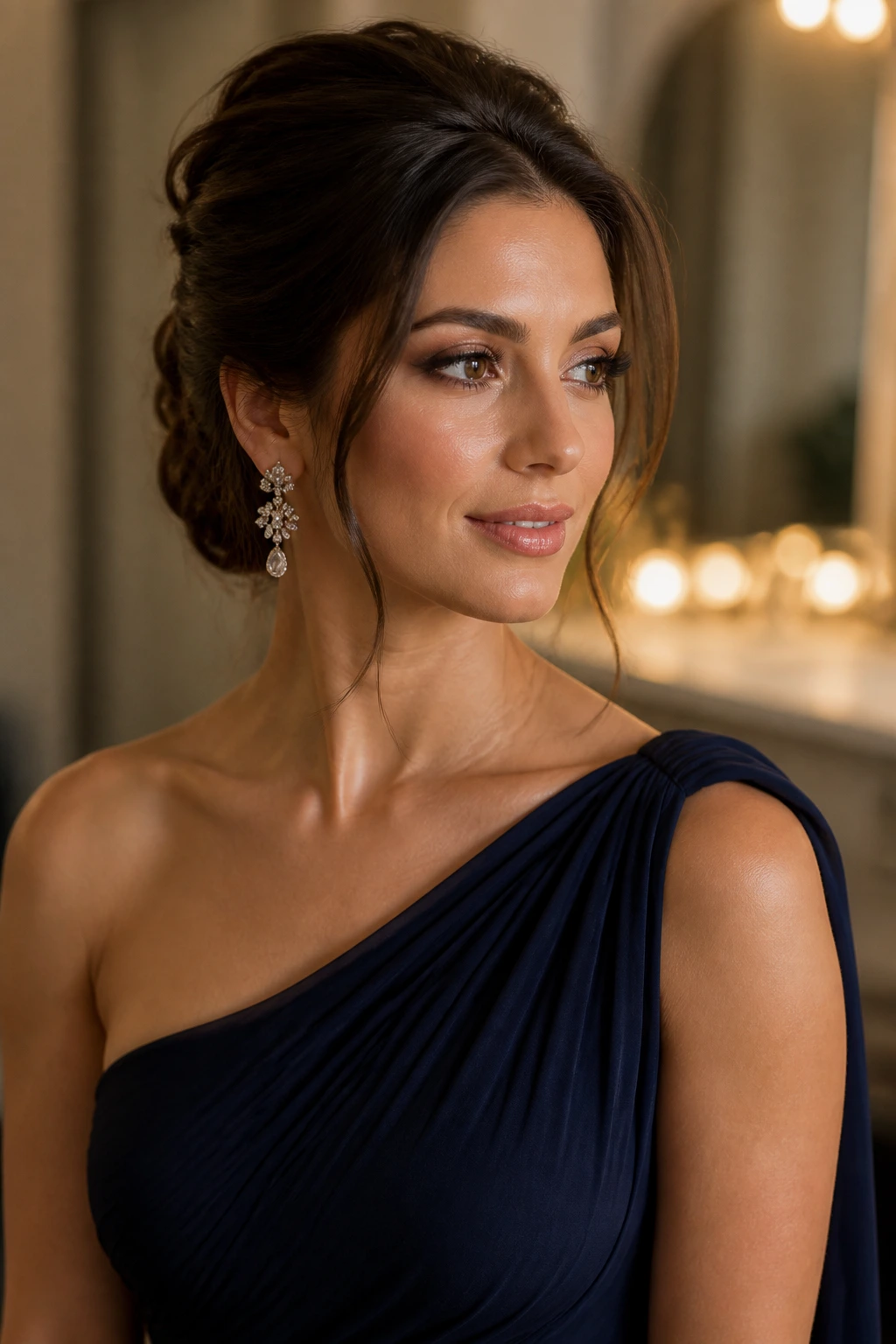 Portrait of a woman showing how hair and outfit work together for a polished evening look.