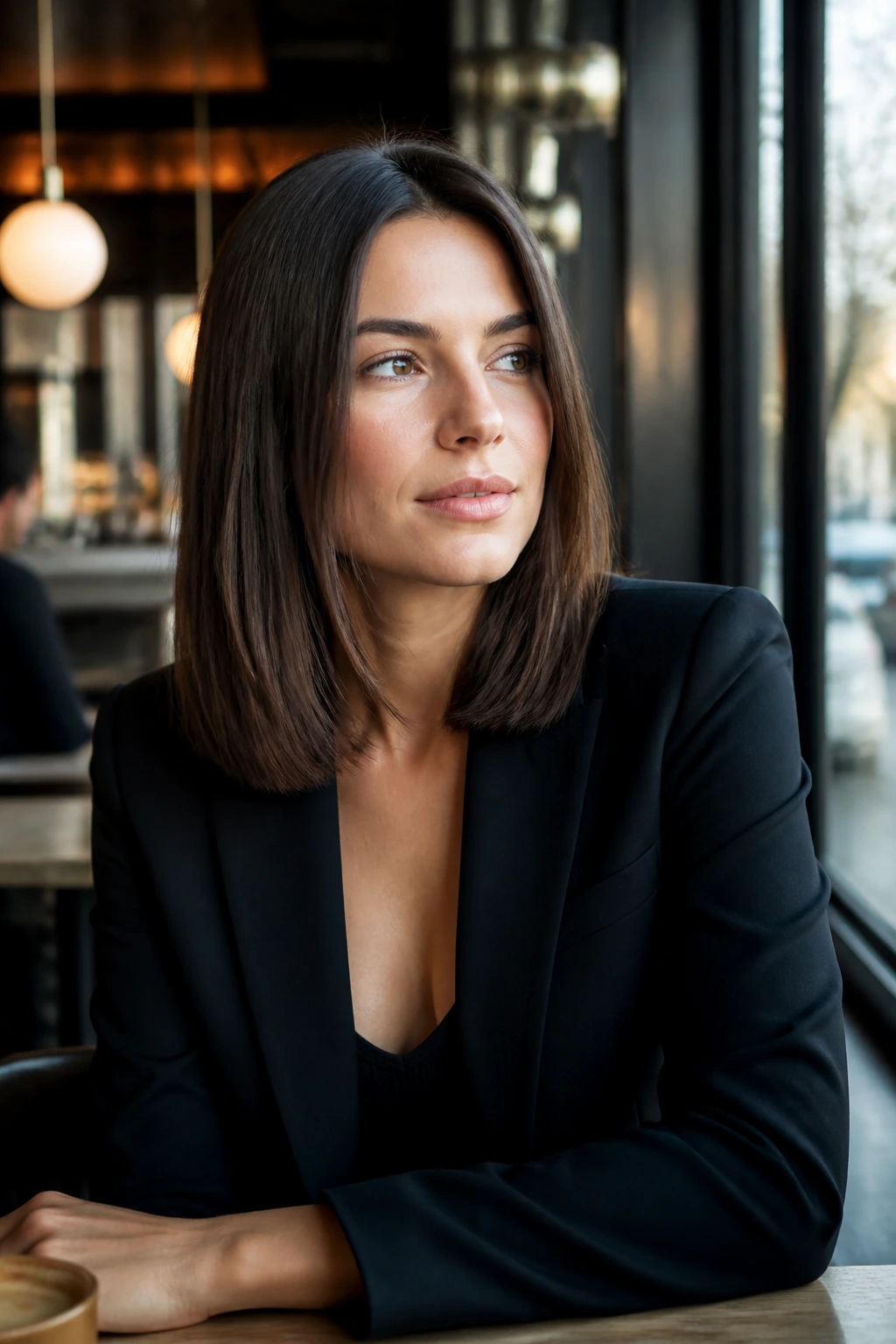 Real person with straight mid-length hair in a chic outfit at a cafe