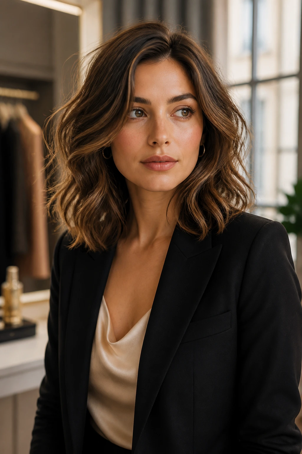 Close-up portrait of a woman with tousled waves in a blazer, dressing room setting