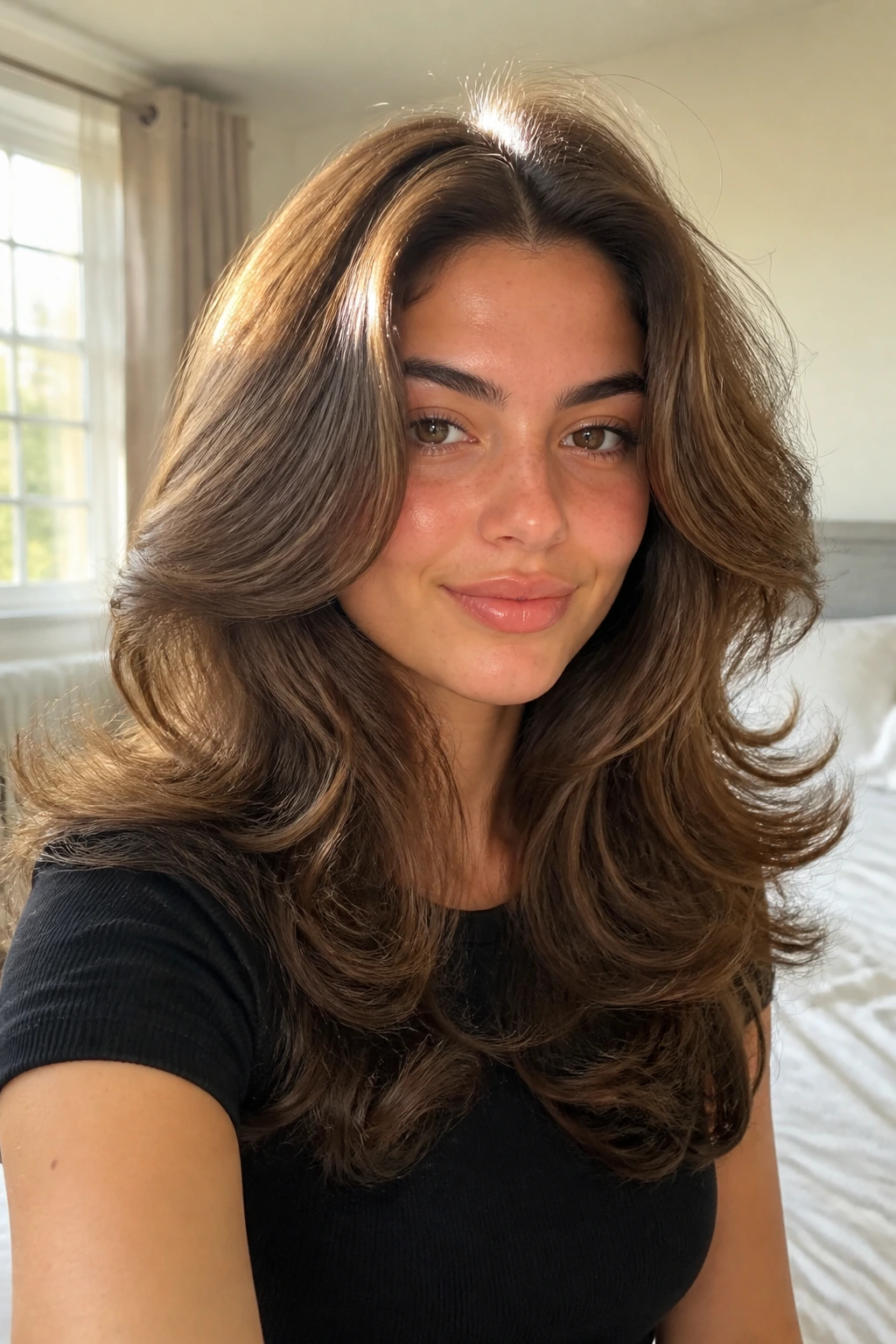 Woman with outflipped ends and full hair volume