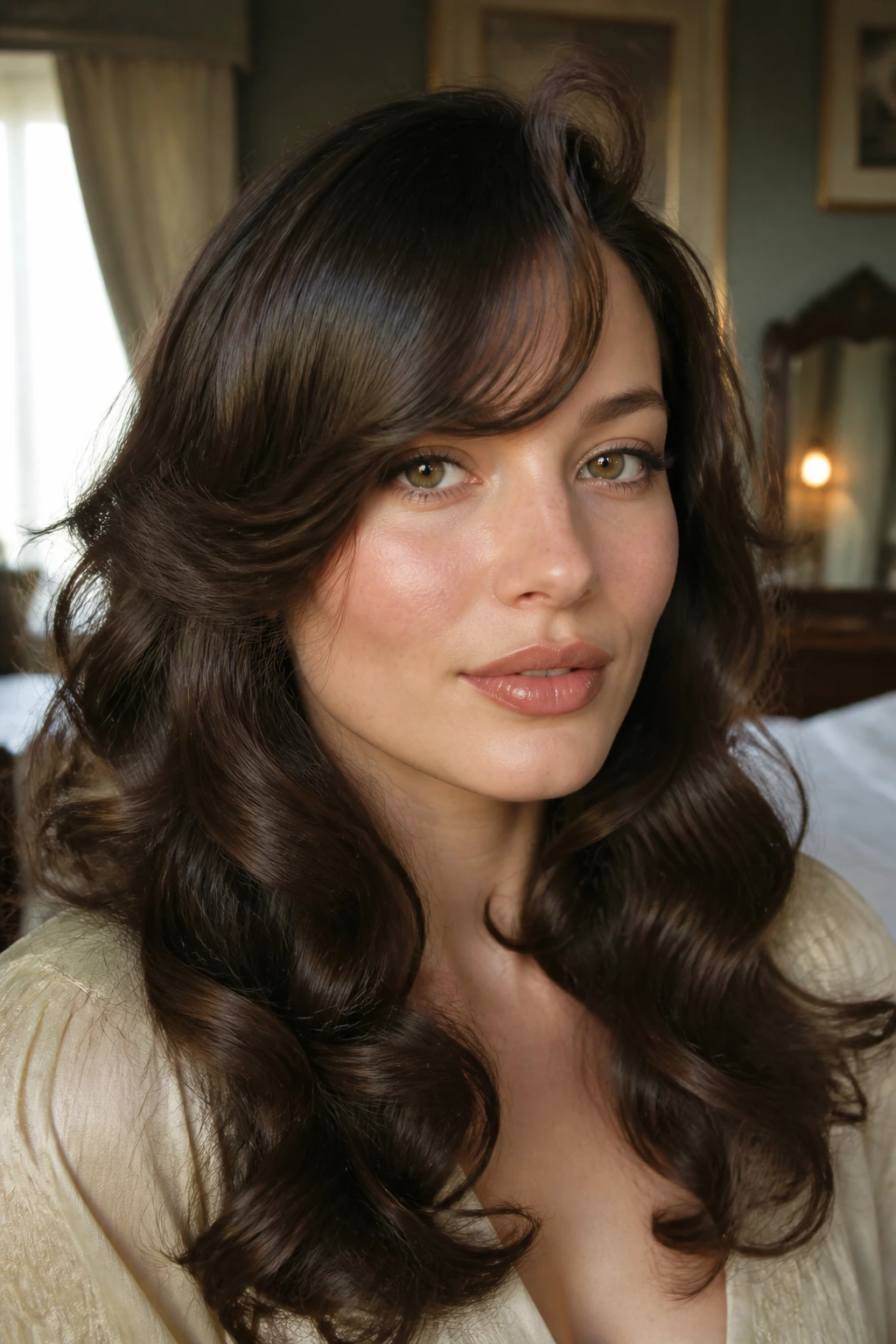 Close-up portrait of a woman with outgrown bangs blended into retro waves.