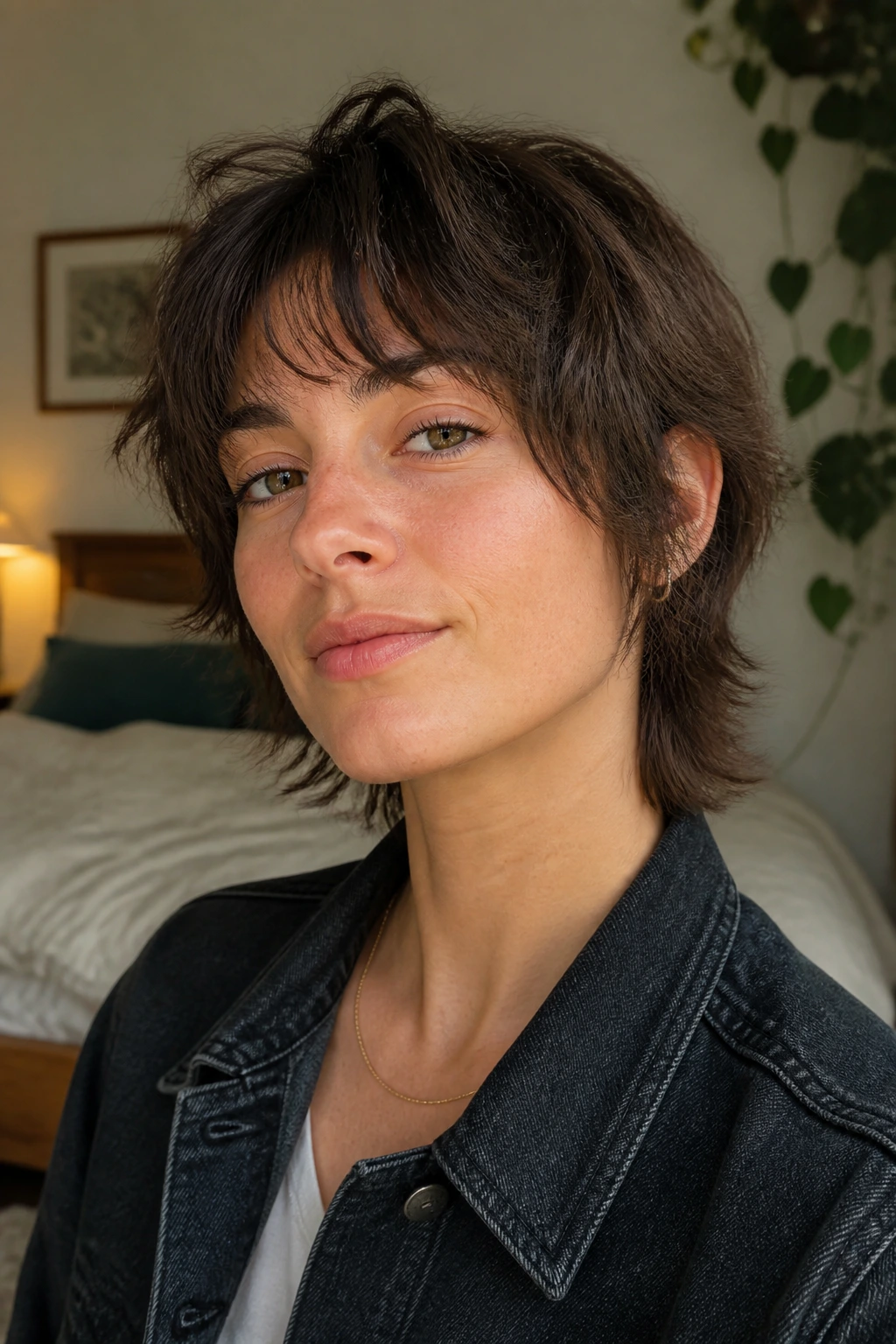 Close-up of a woman with a soft layered outgrown shag and relaxed perimeter