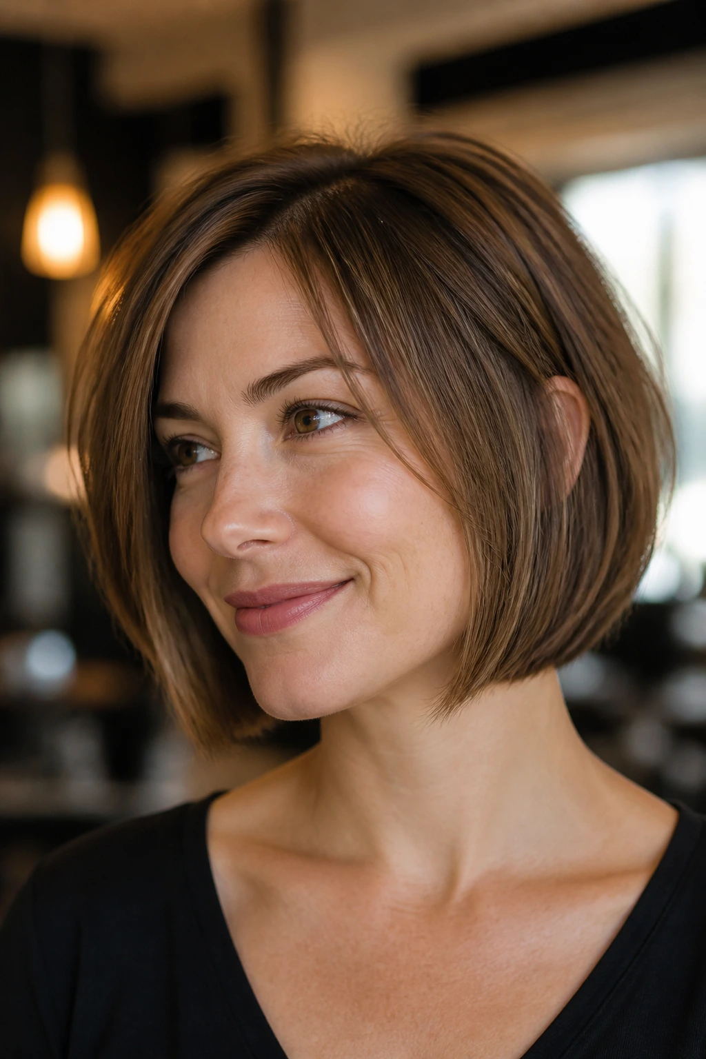 Portrait of a woman with solid-outline bob and crown lift