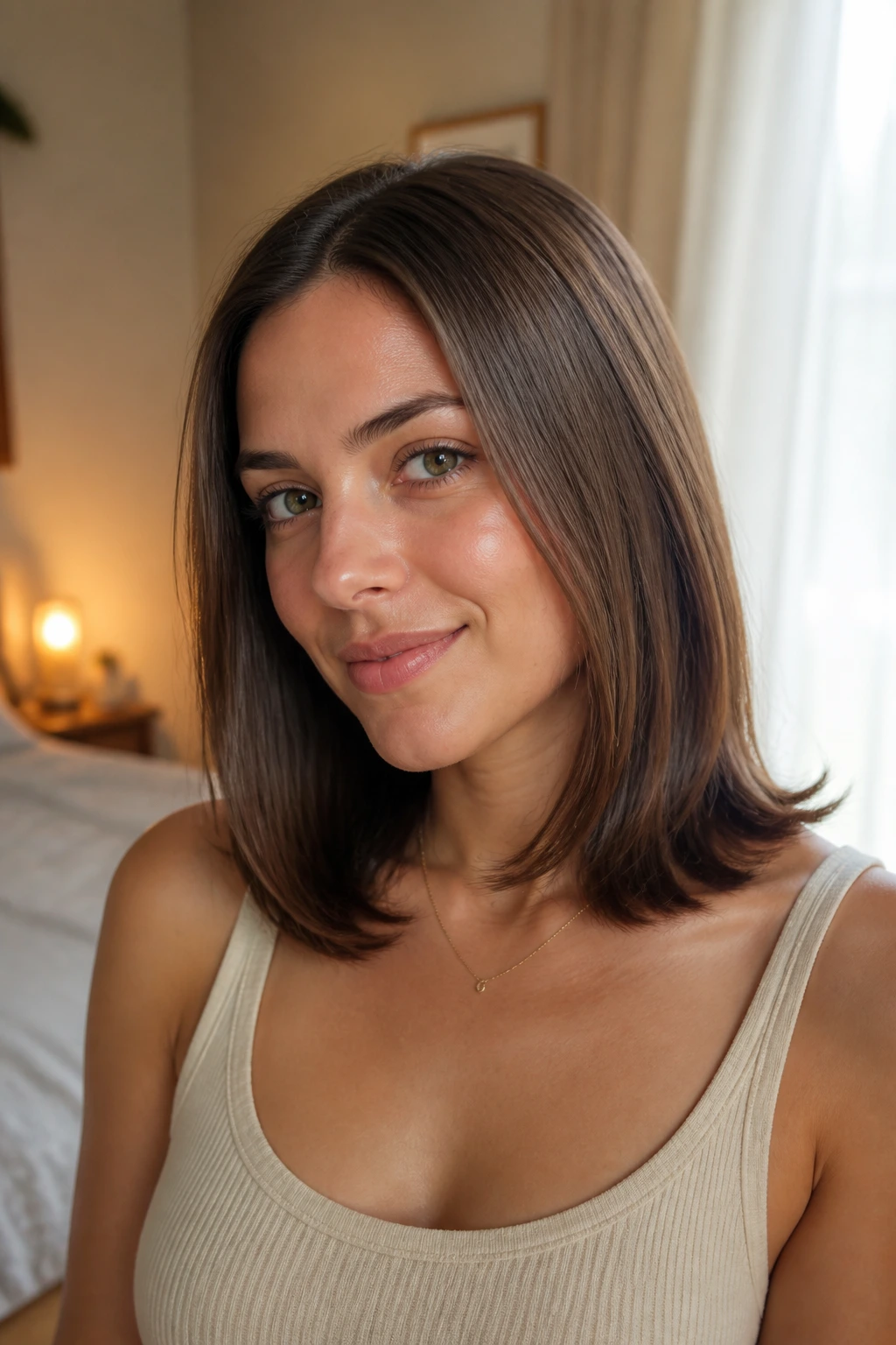 Close-up of a real woman with soft outward flip ends on medium straight hair, in a cozy bedroom.