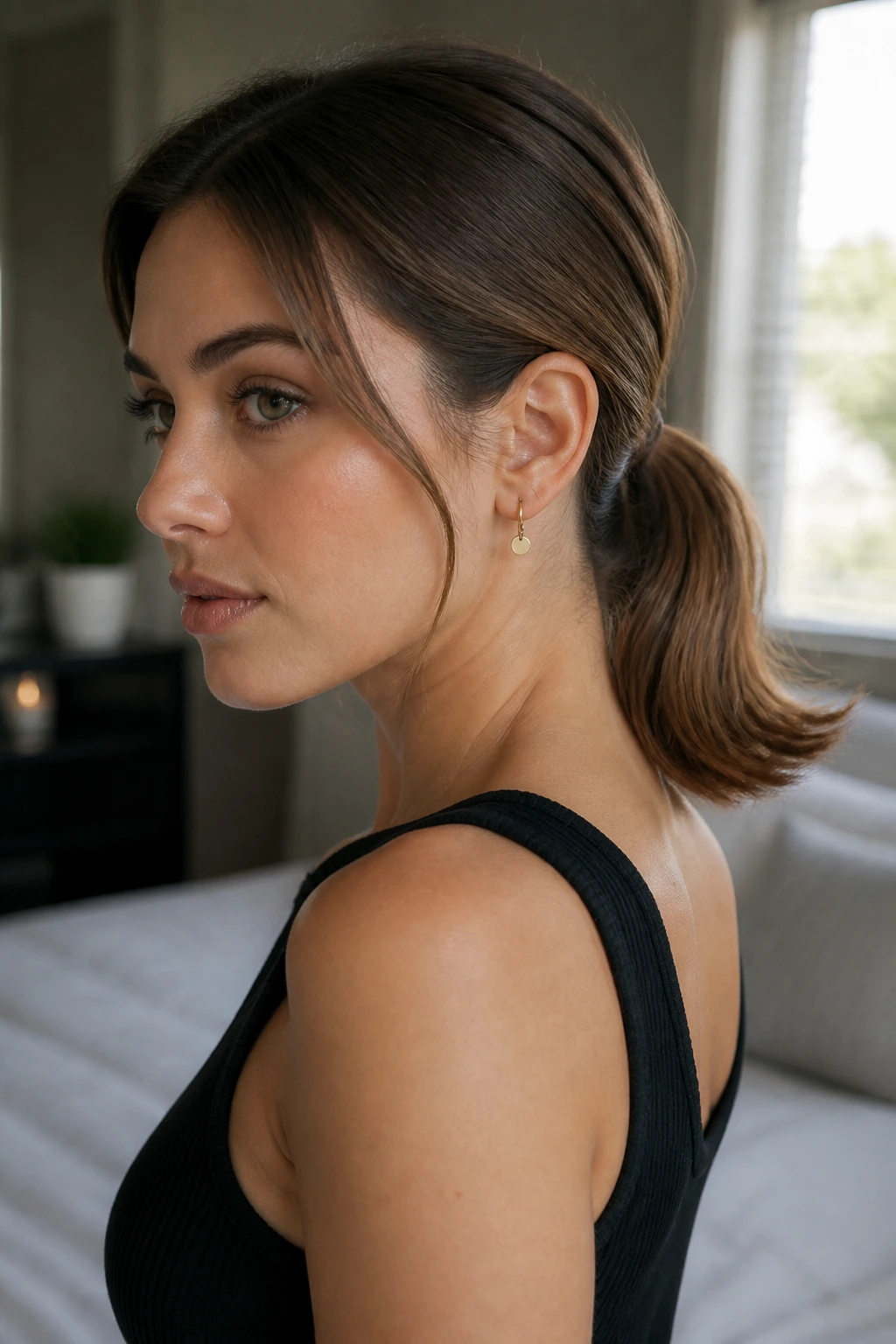 Close-up portrait of a real woman with outward-flip pony hairstyle in a softly lit bedroom