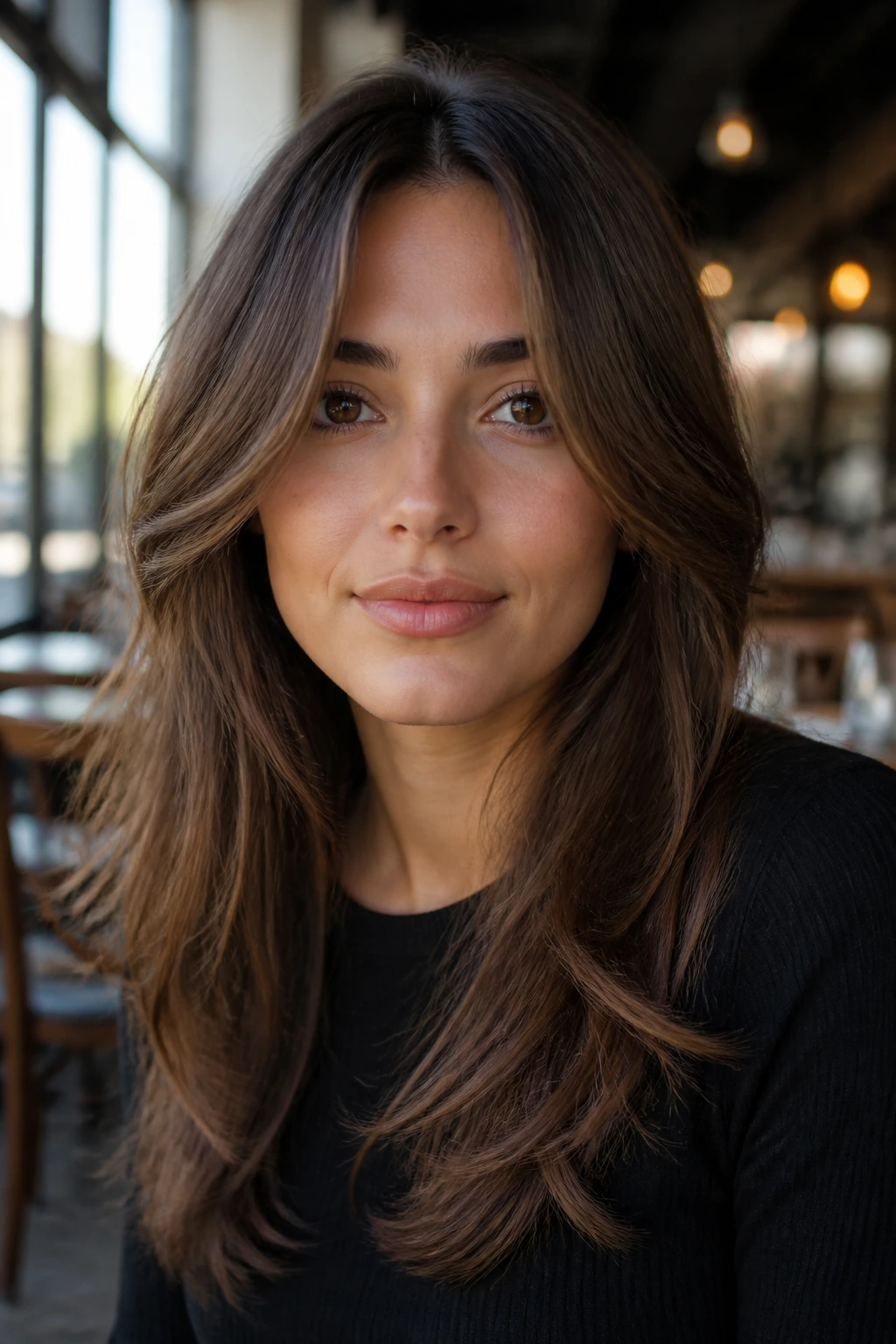 Close-up of a real woman with oval-face balanced long layers and centered part