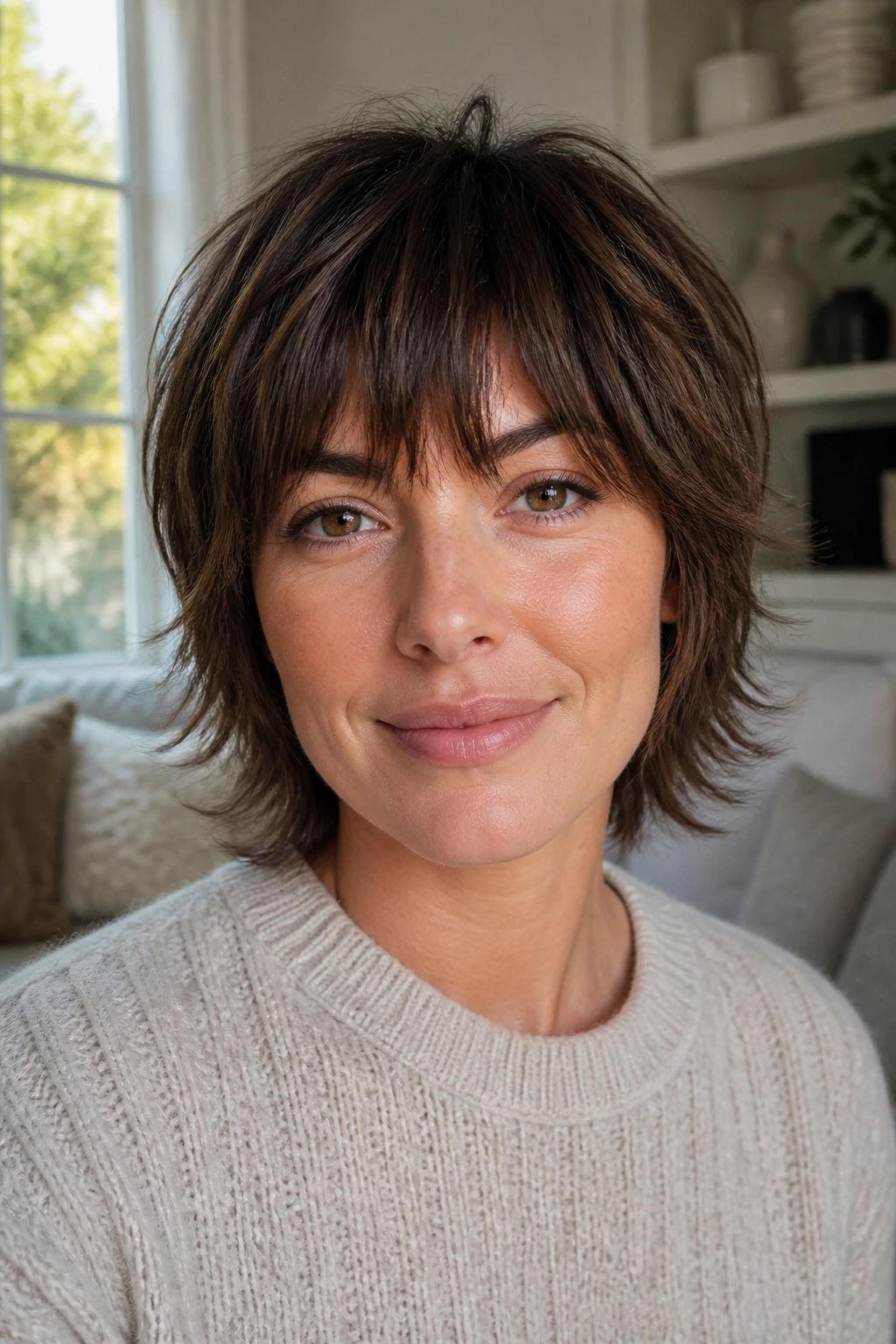 Close-up of real woman with oval-face balancing shag in bright room.