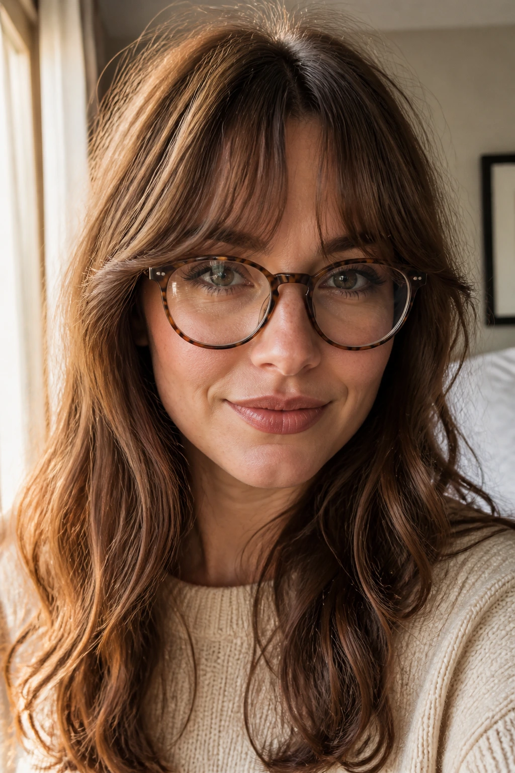 Close-up of a real woman with oval-face curtain bangs and a subtle bend, wearing glasses in warm light