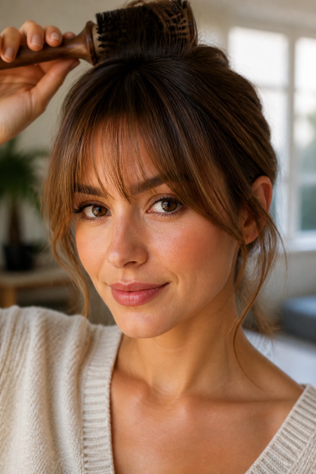 Portrait of a real person with bangs styled to sit right on an oval face