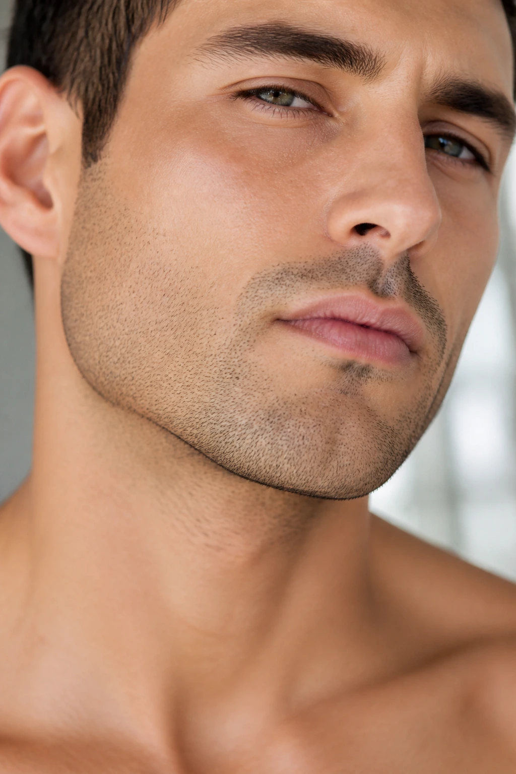 Close-up of a man with light stubble on jaw and lips