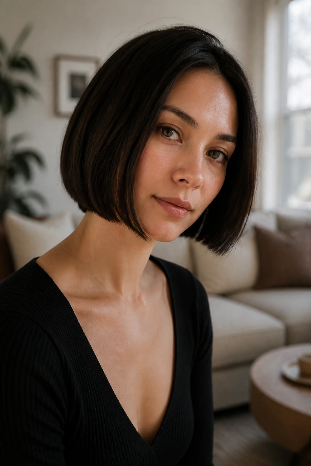 Close-up portrait of a real woman with a jaw-length blunt bob highlighting an oval face