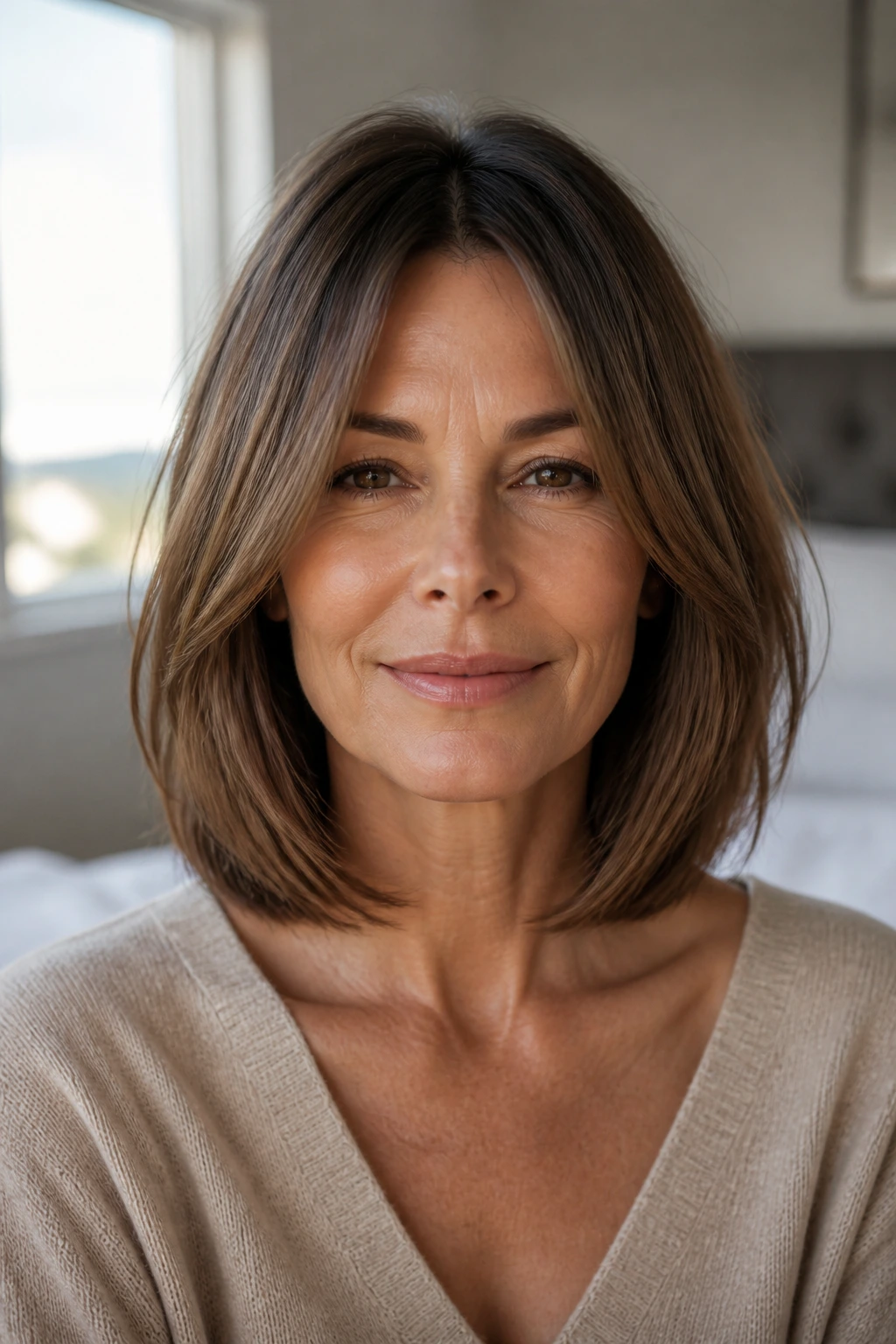 Close-up of a woman with an oval face, long-parted bangs and balanced bob.