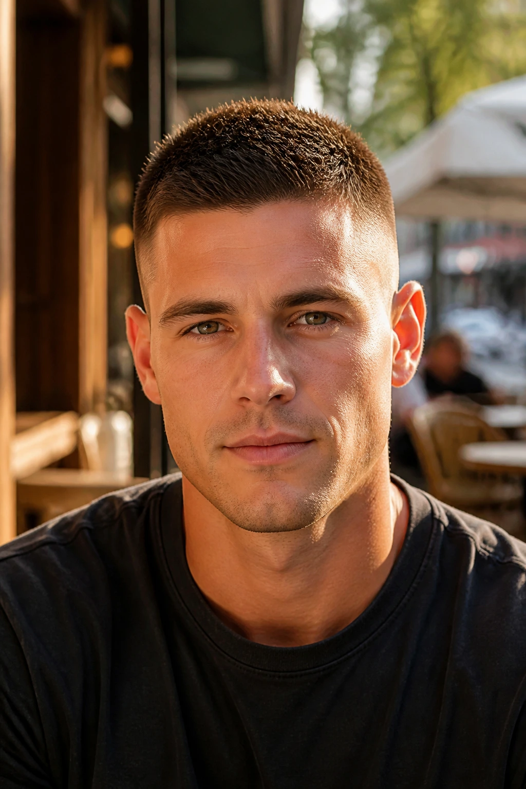 Close-up portrait of a real man with an oval-face crew cut