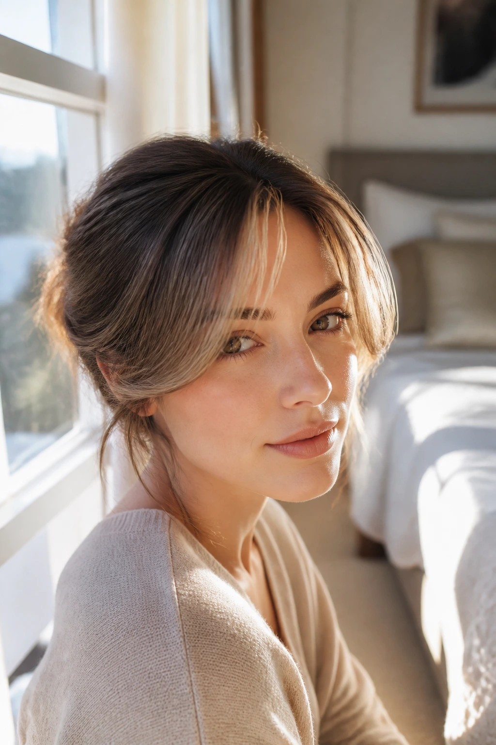 Close-up portrait of a real woman with oval-face easy sweep curtain bangs in sunlit light