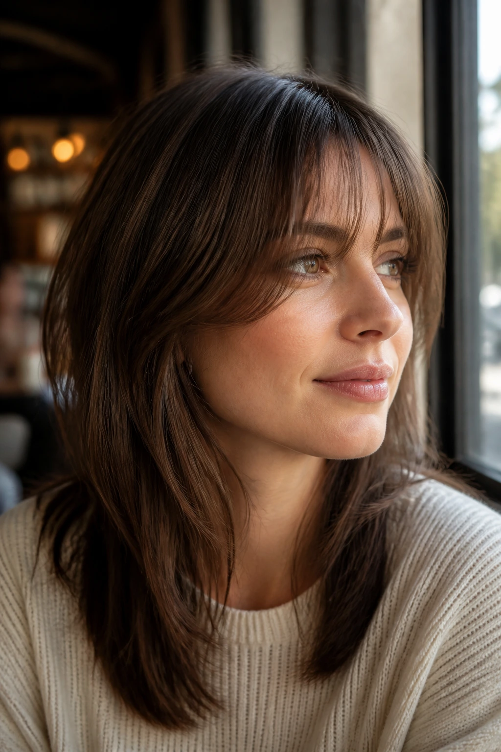 Close-up of a real woman with wispy fringe on an oval face in sunlight