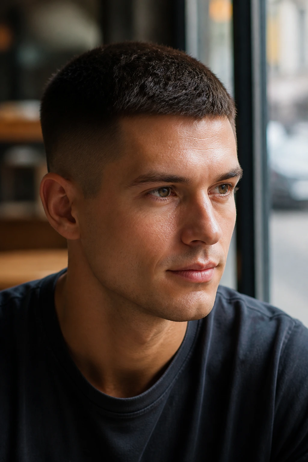 Close-up of a real man with oval-face crew cut in a cafe setting