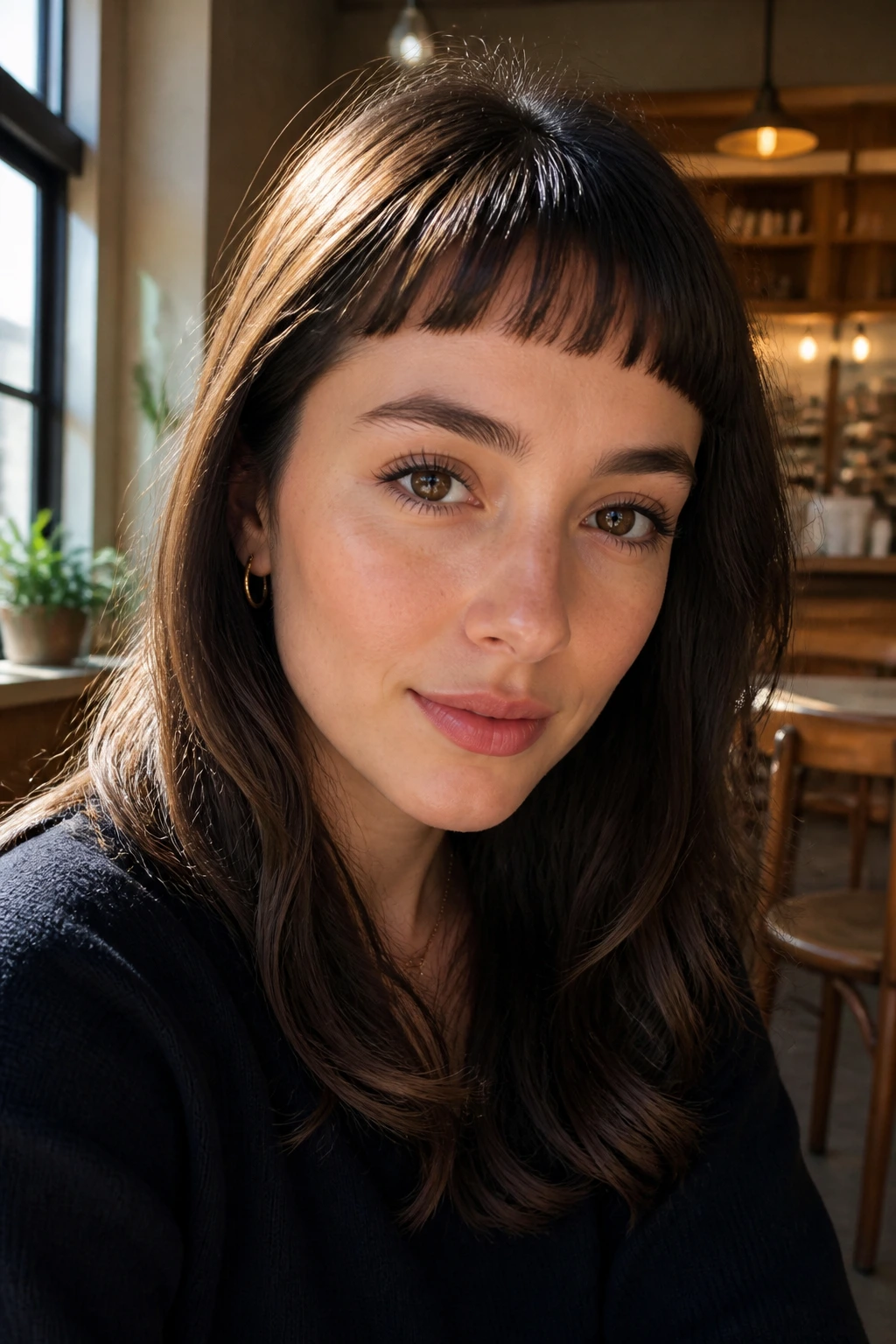 Close-up portrait of a real person with soft arc micro bangs on an oval face under warm window light