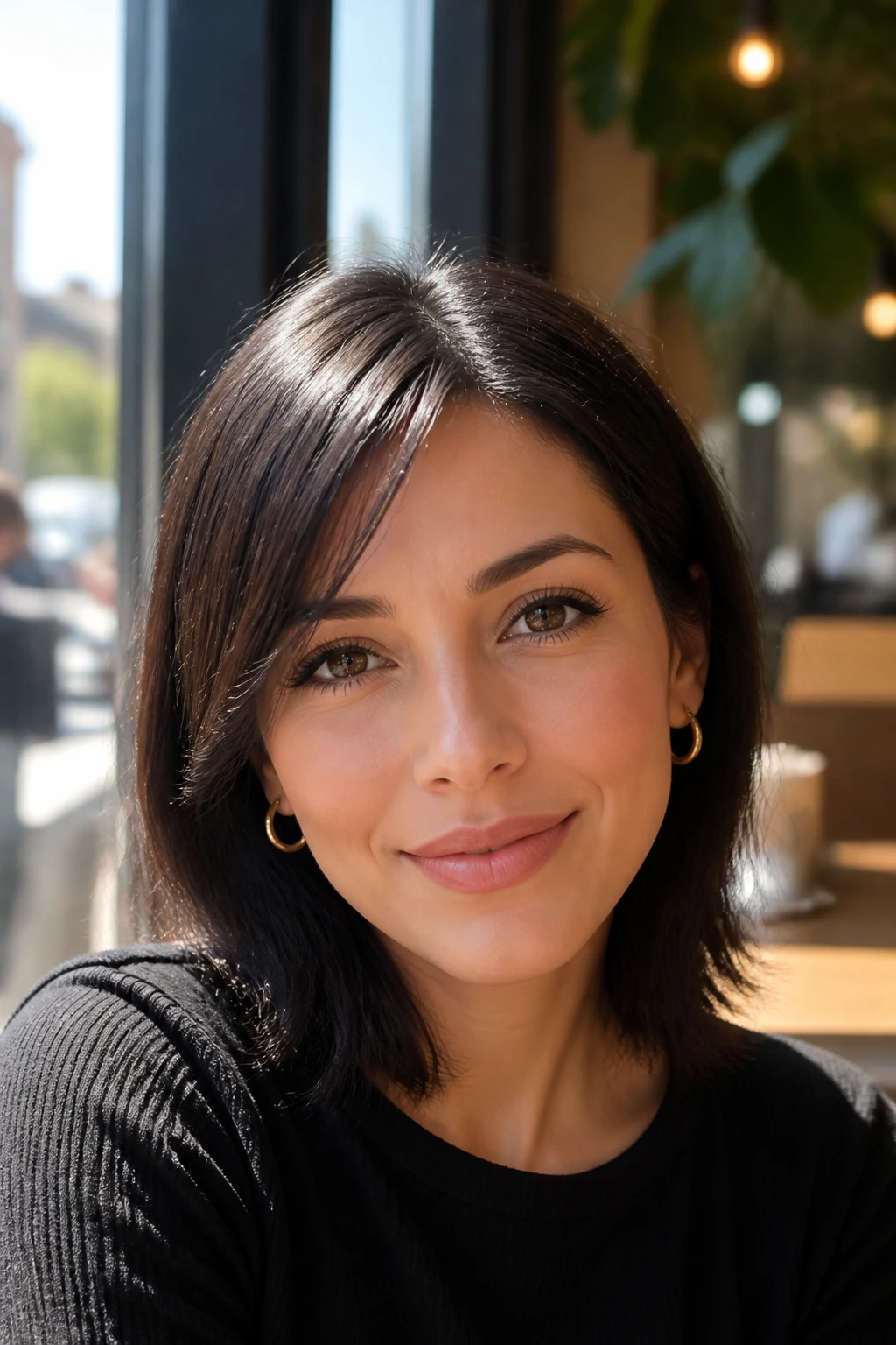 Close-up portrait showing a minimal side sweep for an oval face on a real woman.