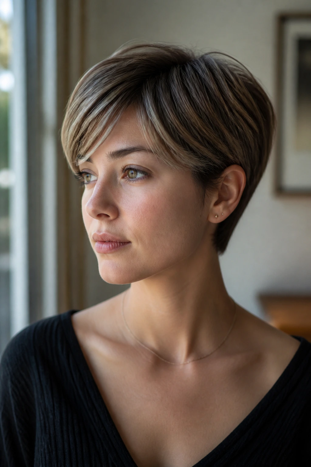 Close-up portrait of a real person sporting Oval-Face Balanced Pixie Bob with balanced proportions