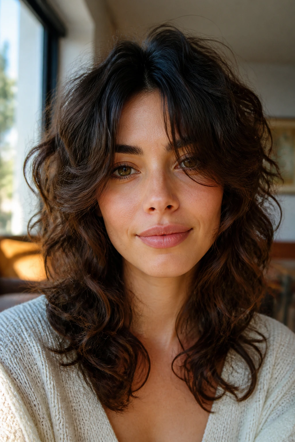 Close-up of a real woman with an oval-face shag and parted bangs