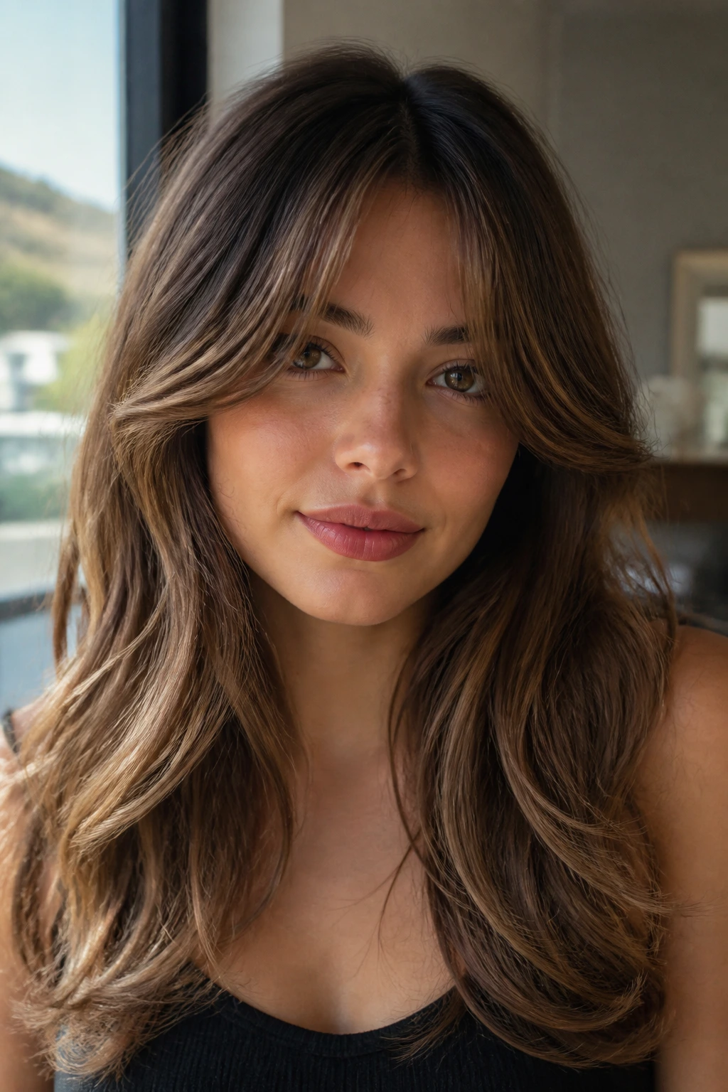 Portrait of a real woman with a soft halo fringe framing an oval face