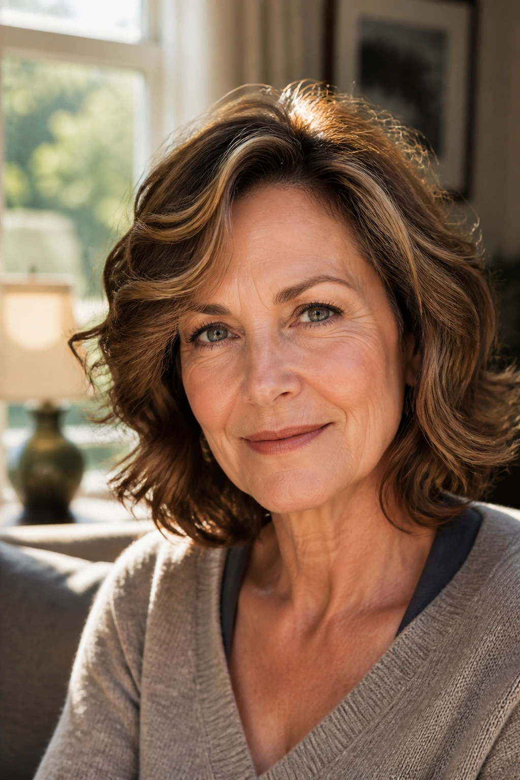 Close-up of an older woman's wavy hair framing an oval face with cheekbone lift