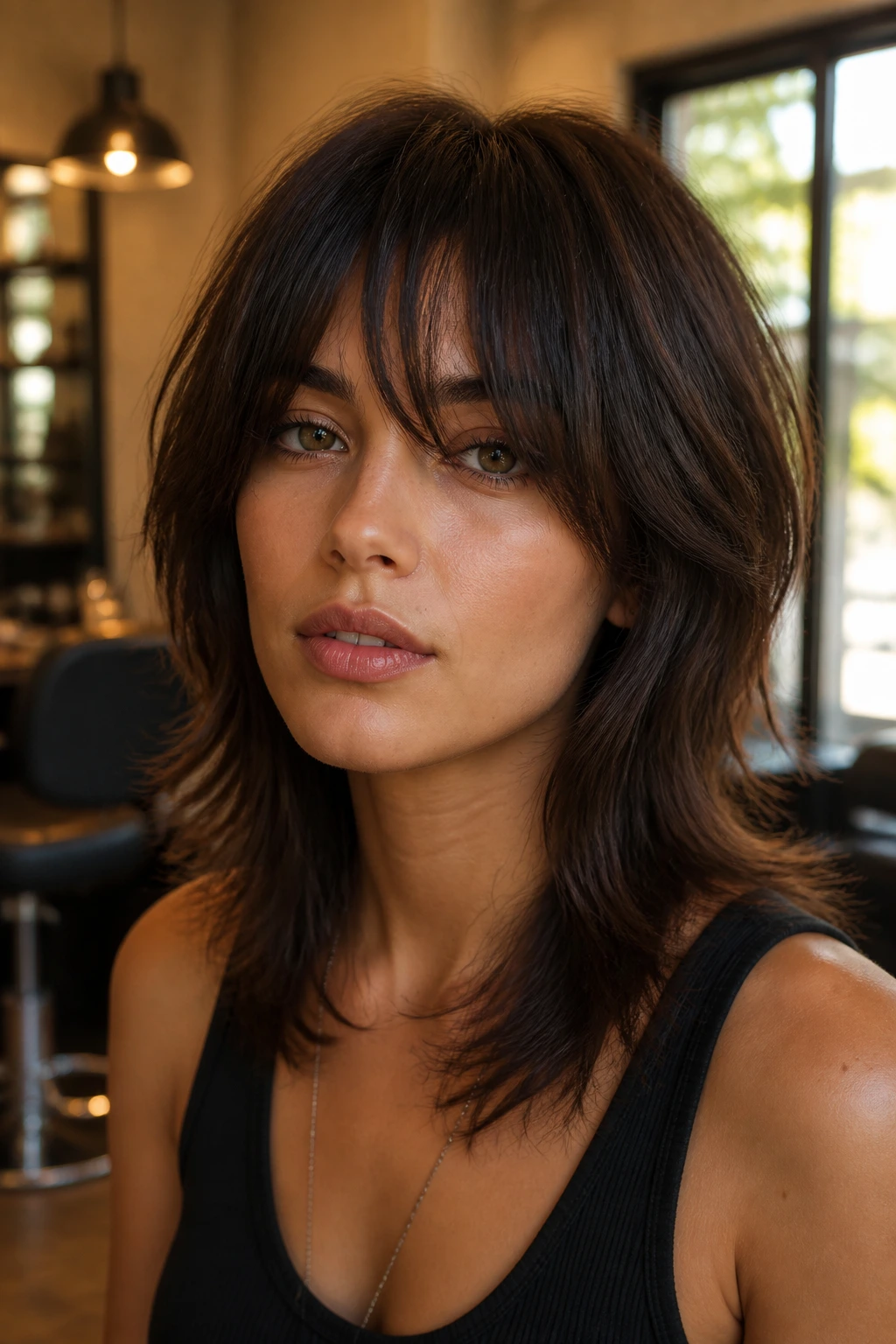Close-up of oval-face woman with mid-length bangs wolf cut in warm salon light