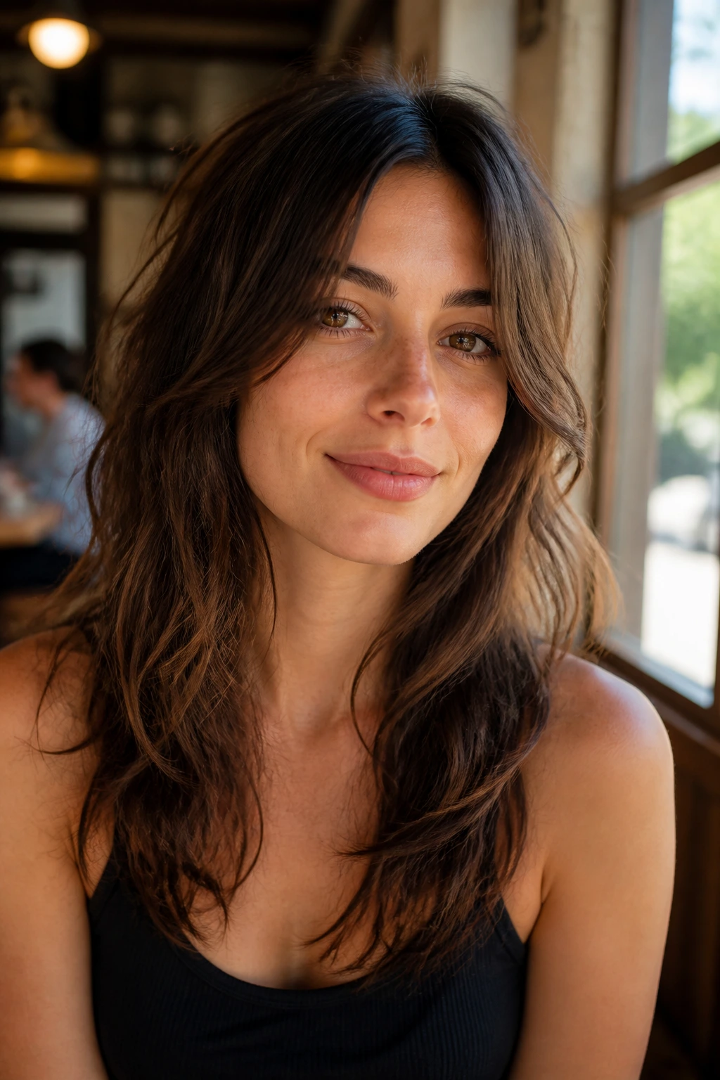 Portrait of a woman with oval-face wolf shag and balanced face framing