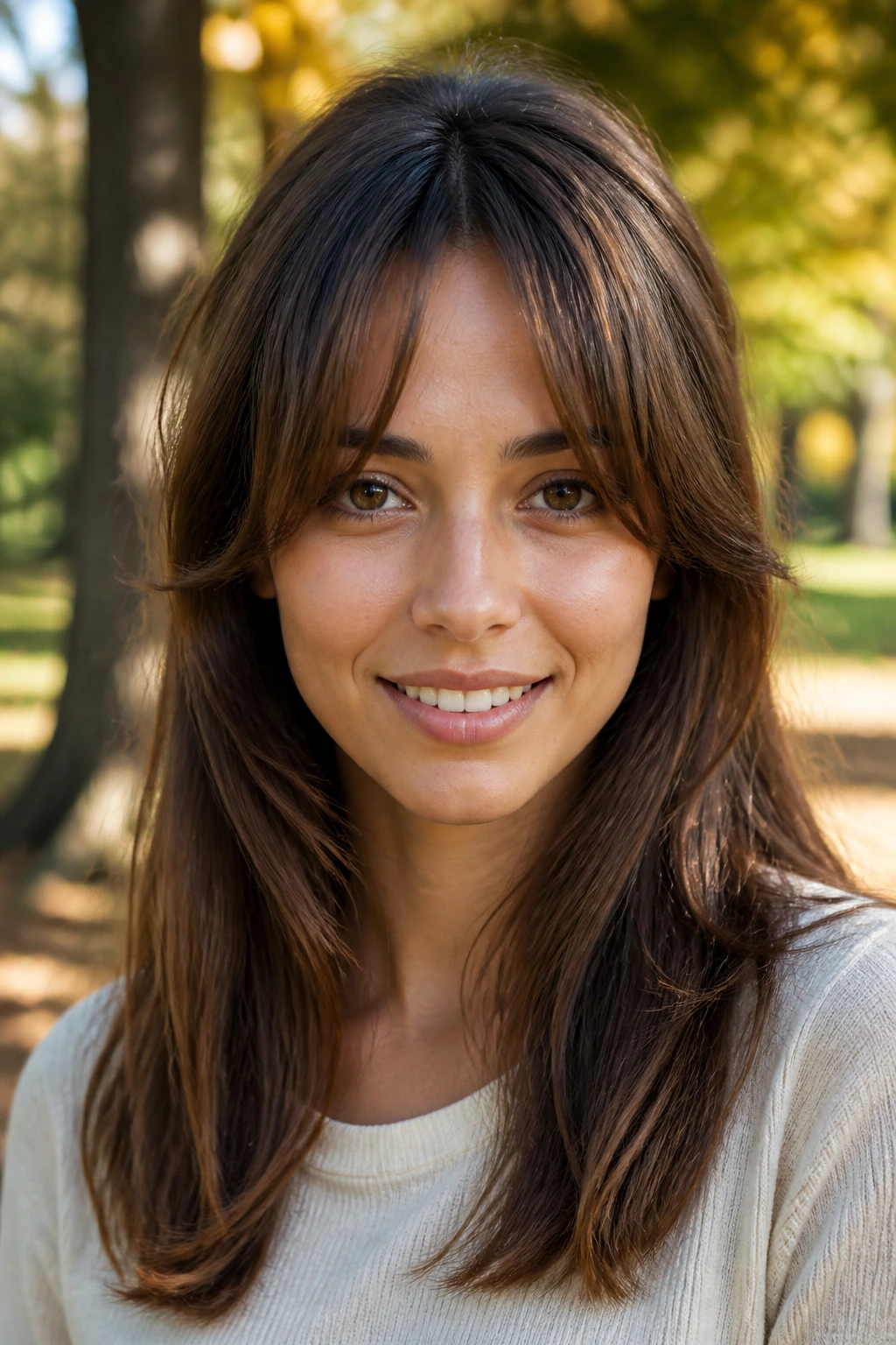 Close-up of a real woman with soft oval-framing fringe in natural outdoor light