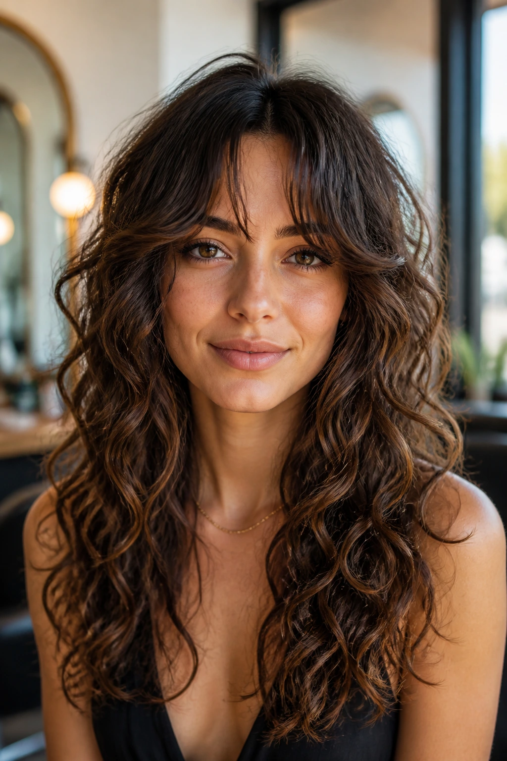 Close-up portrait of a real woman with oval-long-face shag and curtain bangs in soft salon light