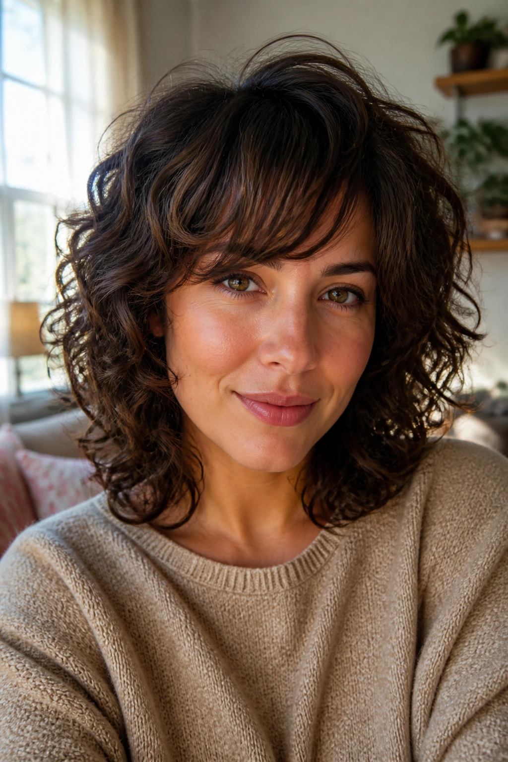 Close-up portrait of a real woman with balanced oval shag and swept bangs, curly hair framing the face in warm window light