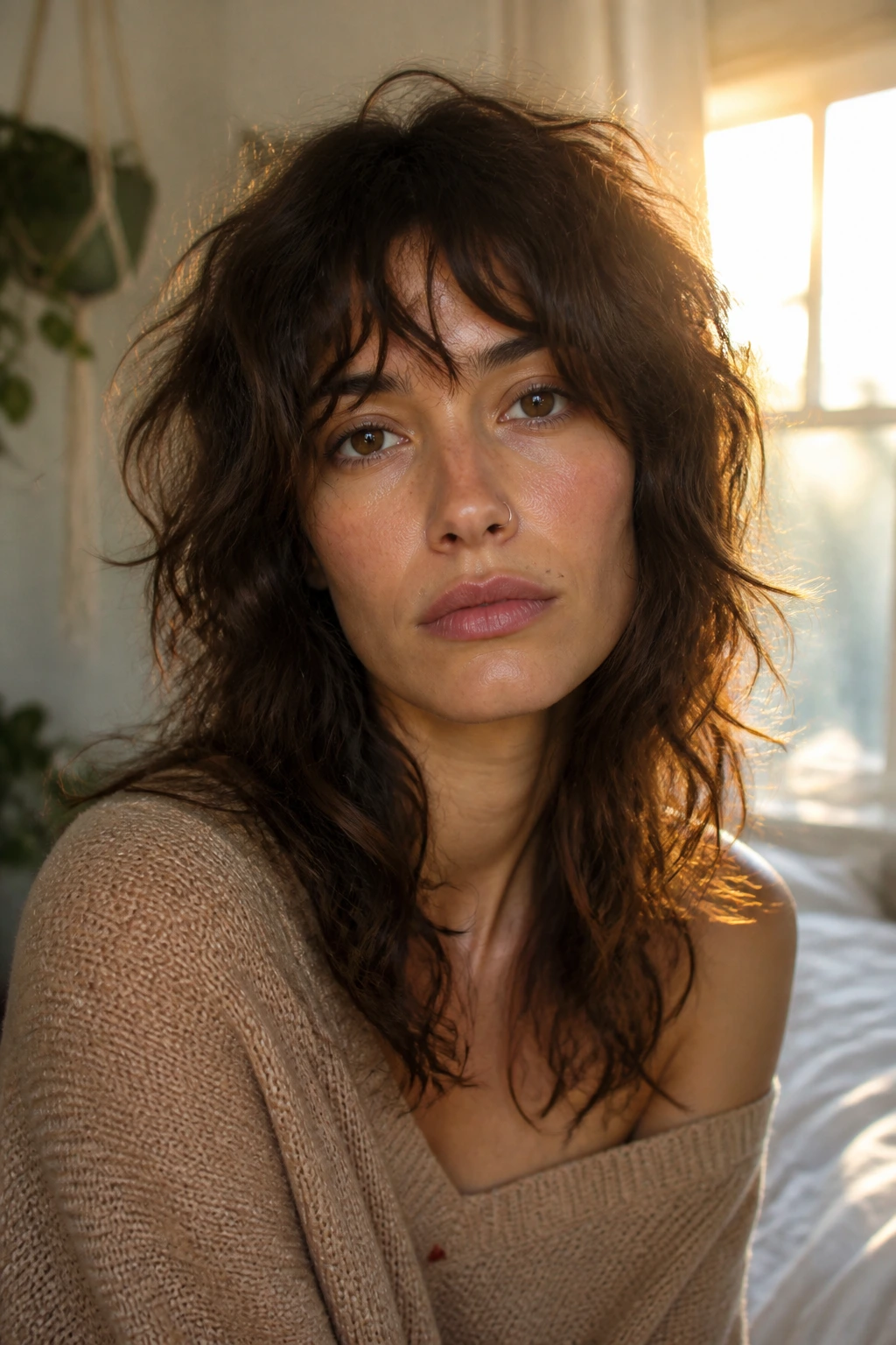 Close-up of a woman with a messy oval-frame shag in warm bedroom light