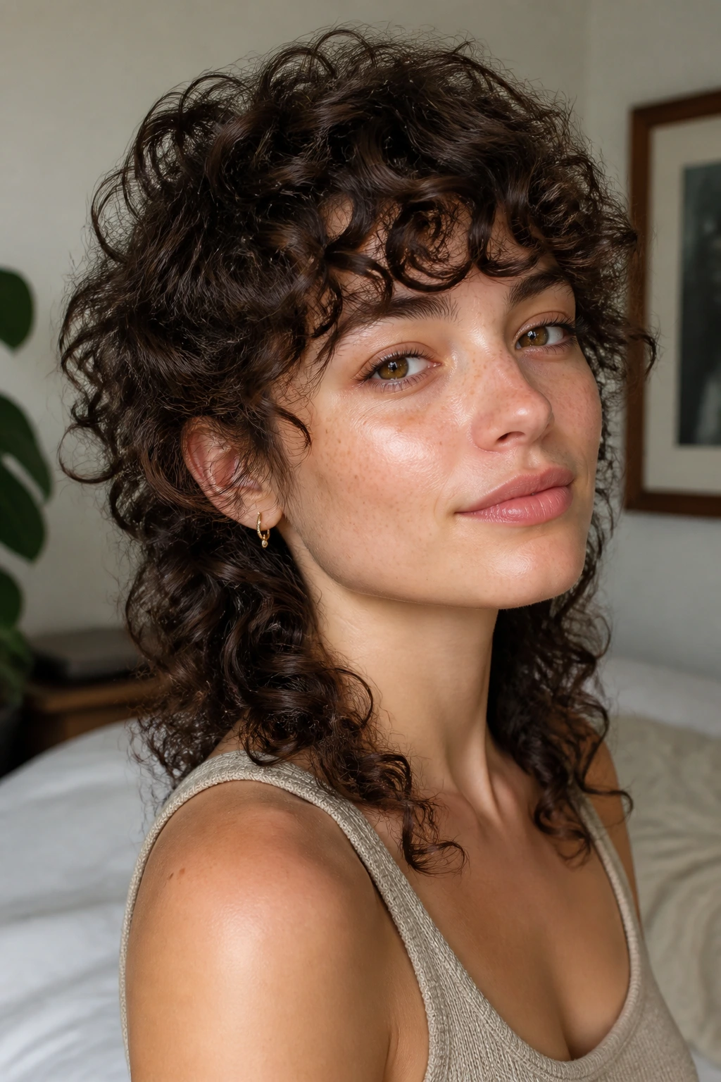 Real person with oval-softening curly mullet framed by soft daylight