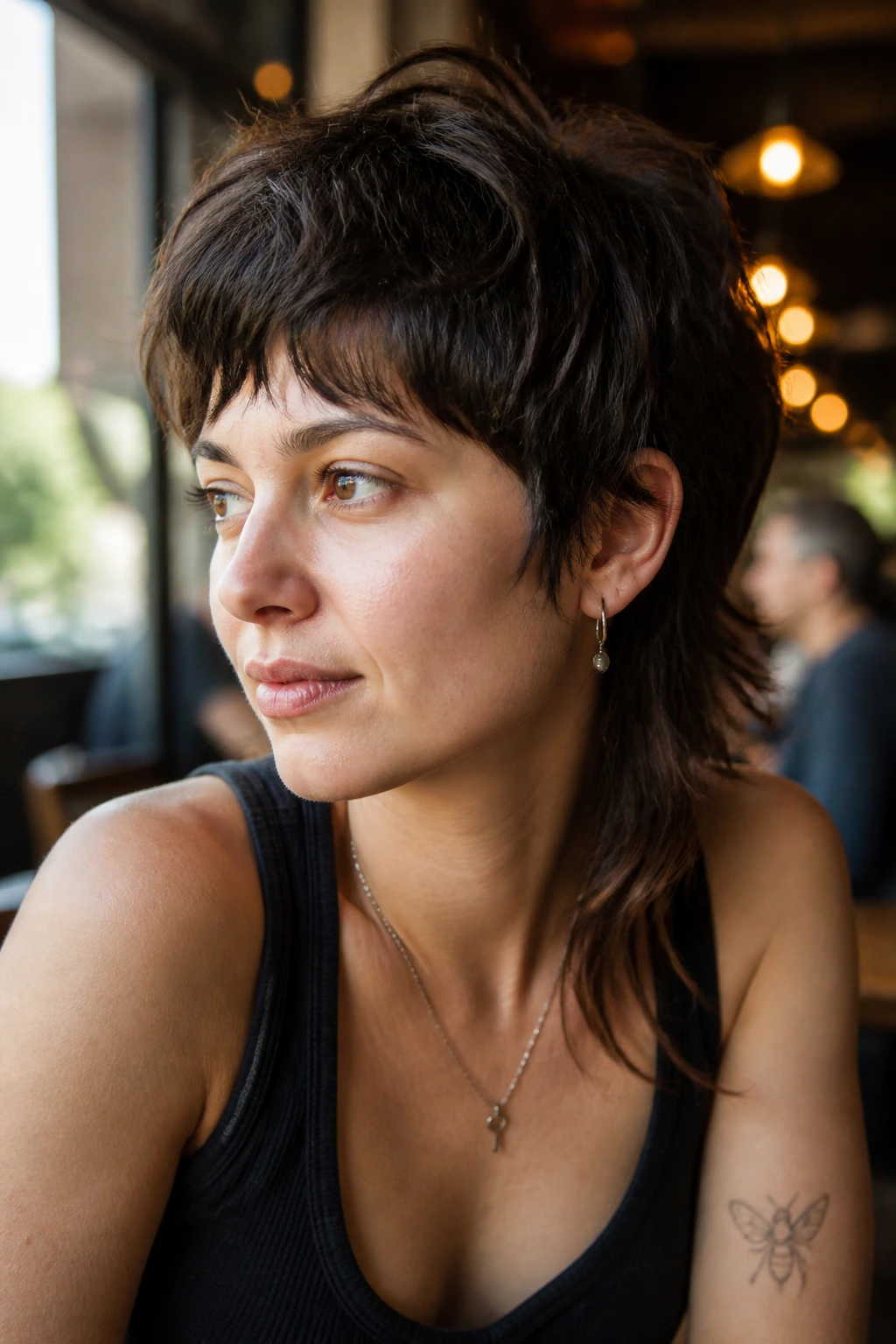 Close-up portrait of a real person with an overgrown crop shag tail in a warm cafe