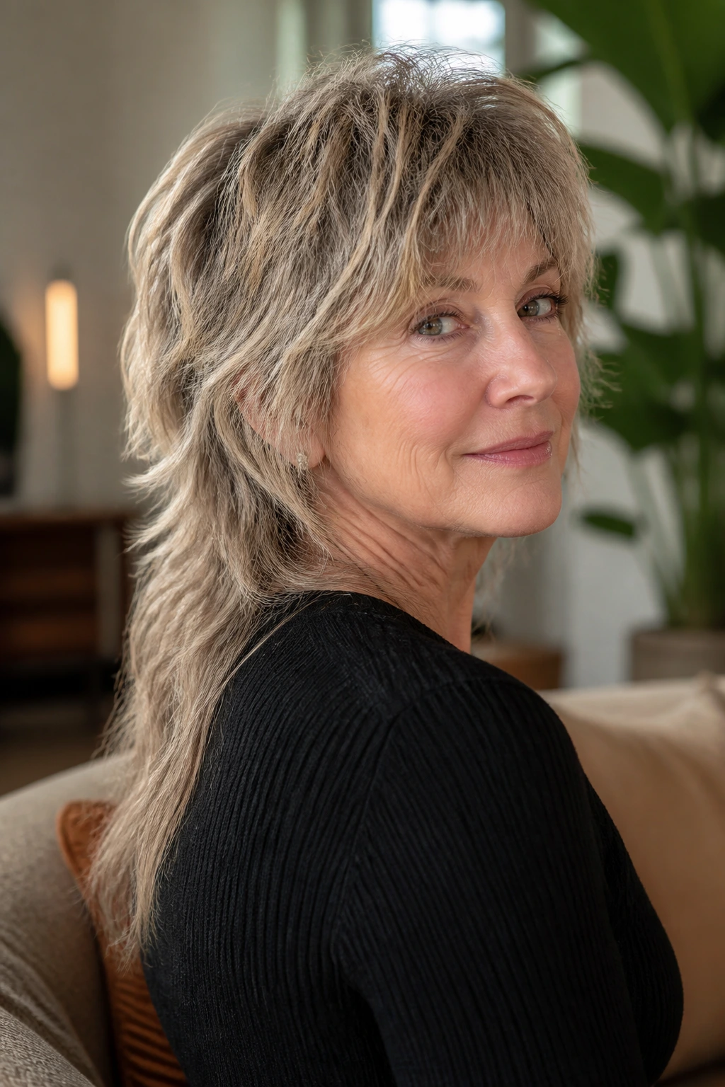 Portrait of a real woman with an overgrown elegant mullet and soft trailing back.