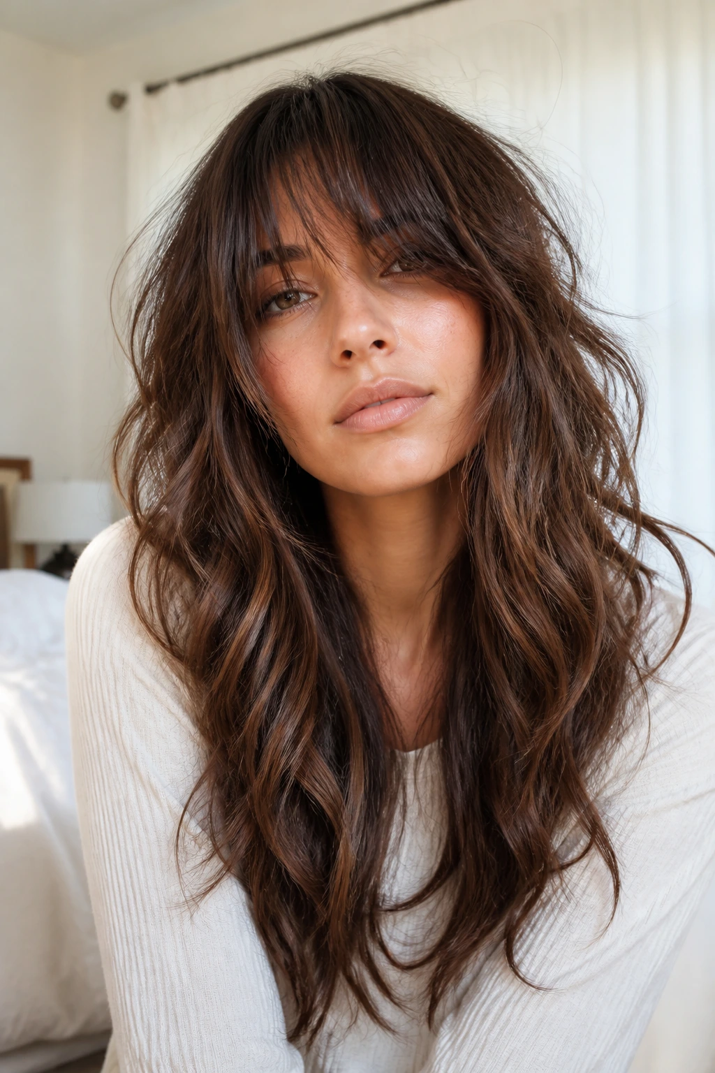 Portrait of woman with long fringe shag brushing brows