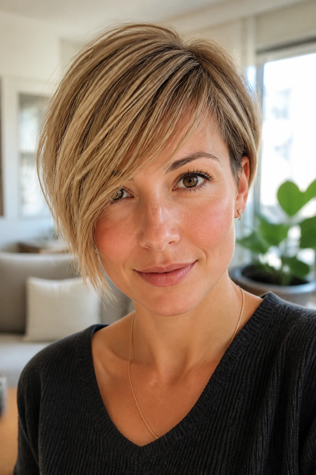 Close-up portrait of a real person with overgrown side fringe across the forehead