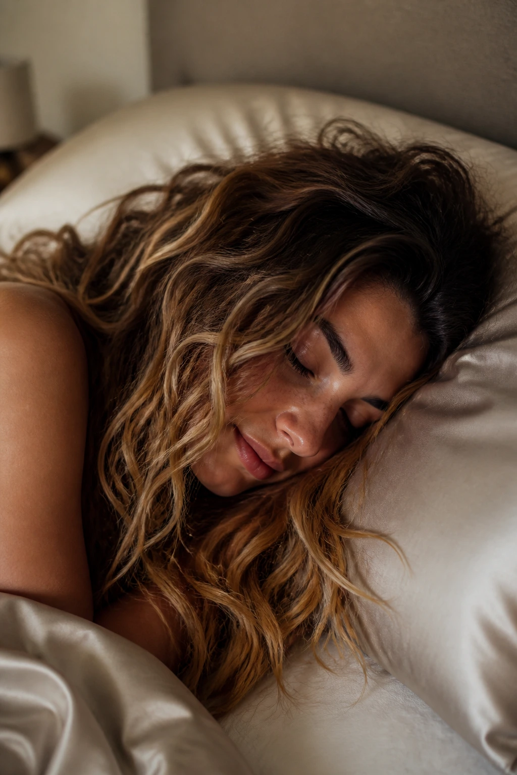 Close-up of long wavy hair on a silky pillow in a bedroom setting