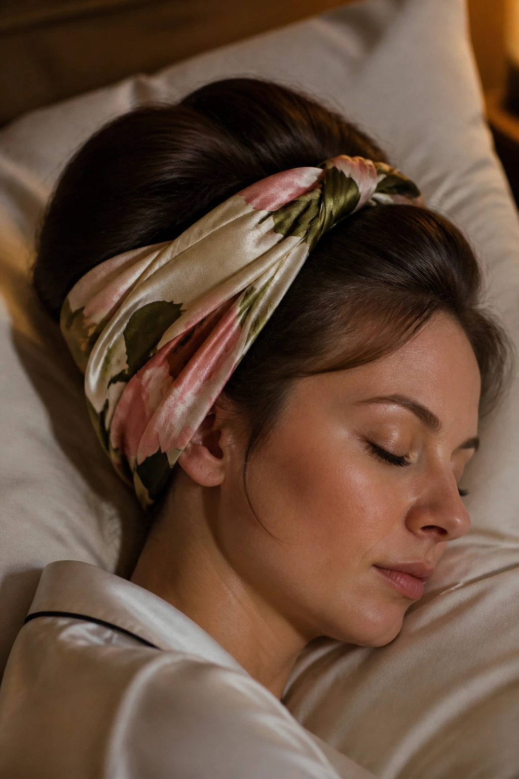 Head with silk scarf wrapped around the crown resting on a pillow in a bedroom setting.
