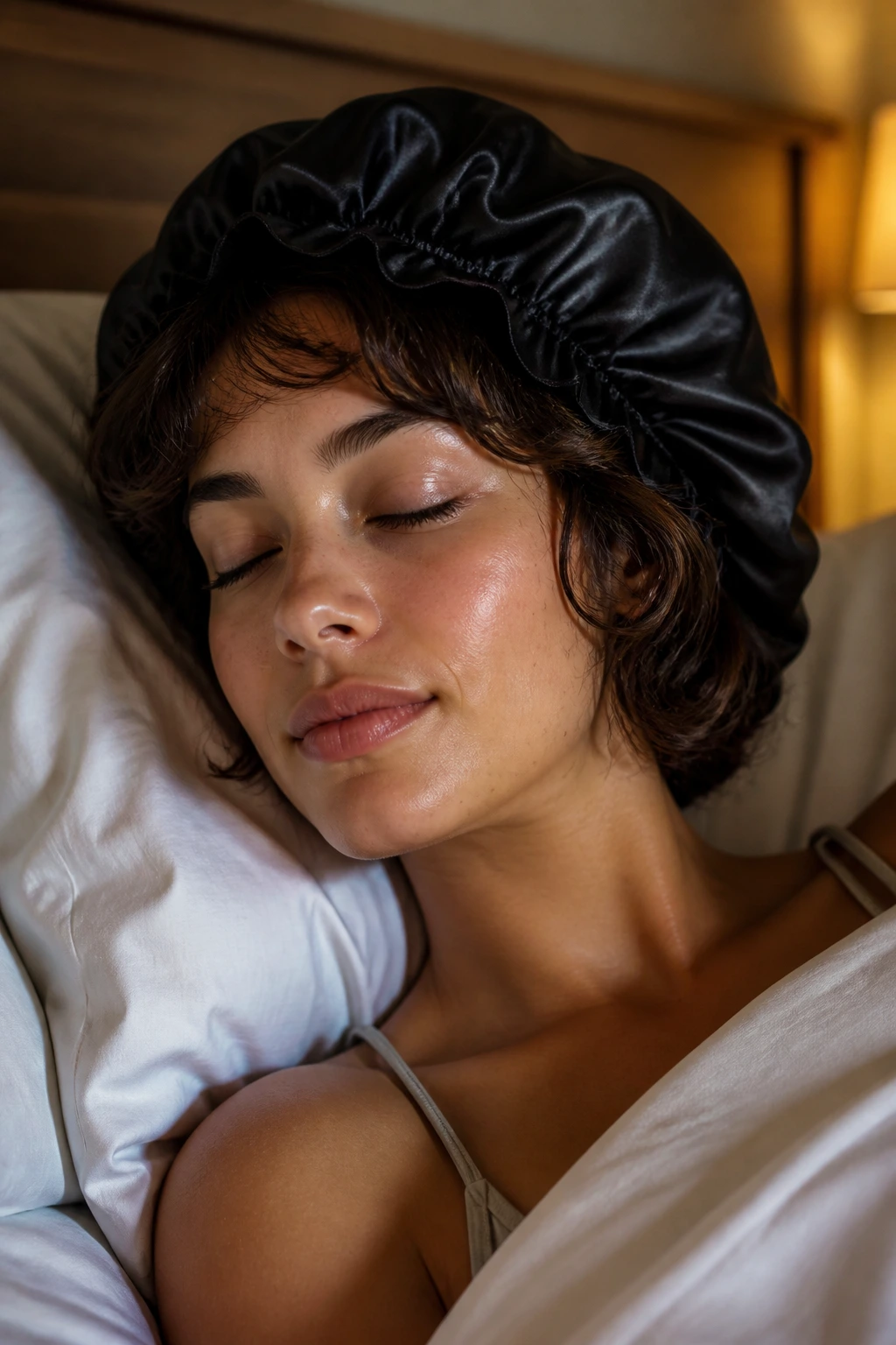 Person wearing a satin bonnet in bed ready for overnight refresh of short wavy hair.