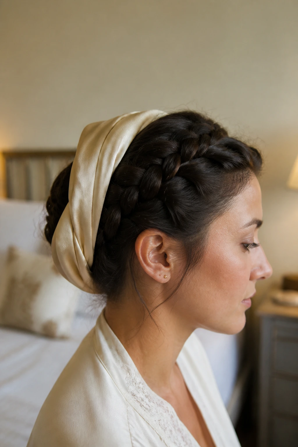 Profile of a real person with braided crown secured by satin scarf overnight