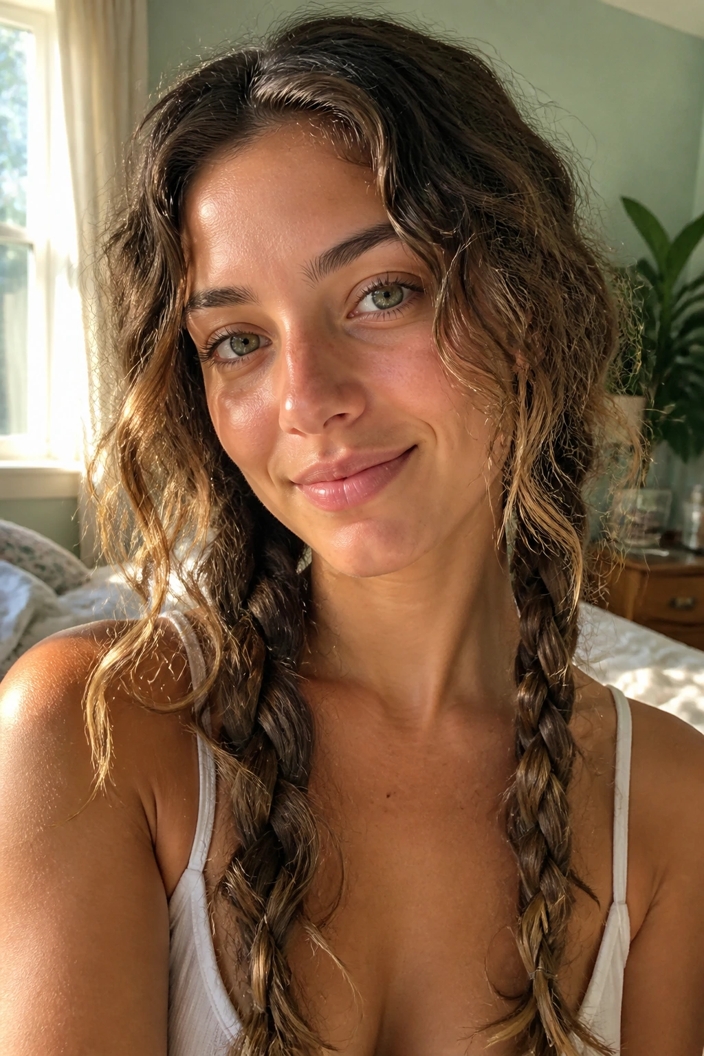 Real woman with two loose braids and beachy waves.