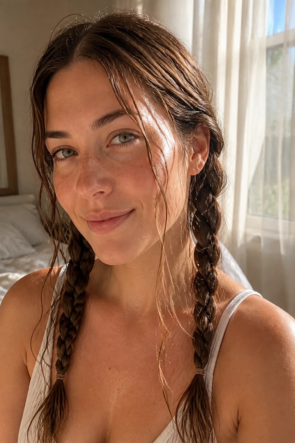 Close-up of a woman with two loose low braids forming soft waves